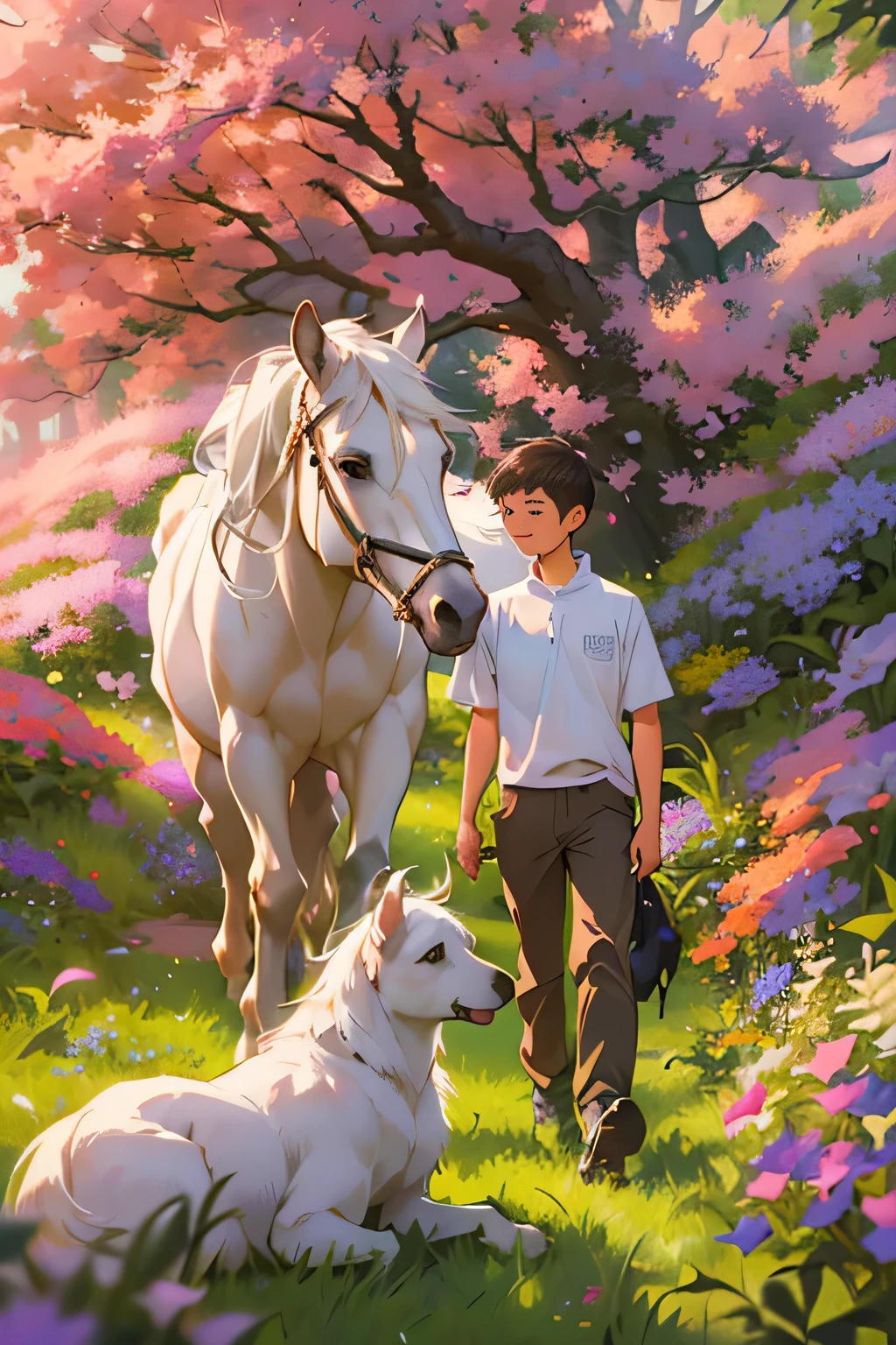 14 years old one boy slim and tall holding one Squirrel, walking with one dog, one white horse standing close by, one boy holding one squirrel, walking with one Dog and one White horse, there is a path that leads to a mountain with flowers, blossoming path to heaven, vast lush valley flowers, natural landscape beauty, beautiful landscape, magical landscape, amazing landscape, scenic colorful environment, marc adamus, a beautiful landscape, epic beautiful landscape, beautiful dreamy landscape, breathtaking landscape, mythical floral hills, extraordinary colorful landscape, stunning landscape, lush scenic landscape. The slim and tall 14 years old one boy's smile is the focal point of the scene. 14 years old one boy, one Squirrel, one dog, one white horse. one 14 years old boy holding a squirrel in hands, one white horse, horse, white horse, one wiggled brown and white dog, dog wiggled brown and white, one white horse, white horse, one 14 years old boy holding a squirrel in hands,  --seed 2063584062