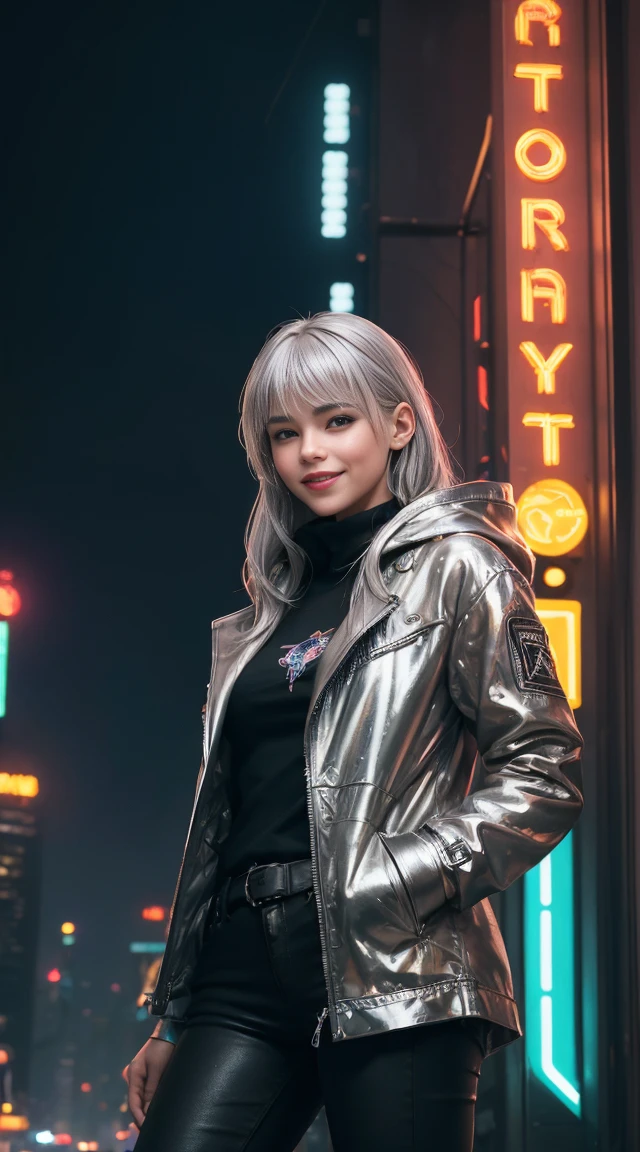 (((masterpiece, ultra quality, hight resolution, perfect face, extremely detailed, beautiful and aesthetic, neatly drawn))), cyberpunk, night, rain, 1girl ,bangs,cheeky look, wet, medium hair, deadpan, hands In pockets, hooded coat, hooded, up looking viewer, night, open_clothes, open_coat, turtle neck, cyberpunk dazzling cityscape, Skyscrapers, neon signs, led lights, Bright and vivid color scheme, cowboys_shot, Low-angle shot, from below, ((silver hair)), ((smiling))