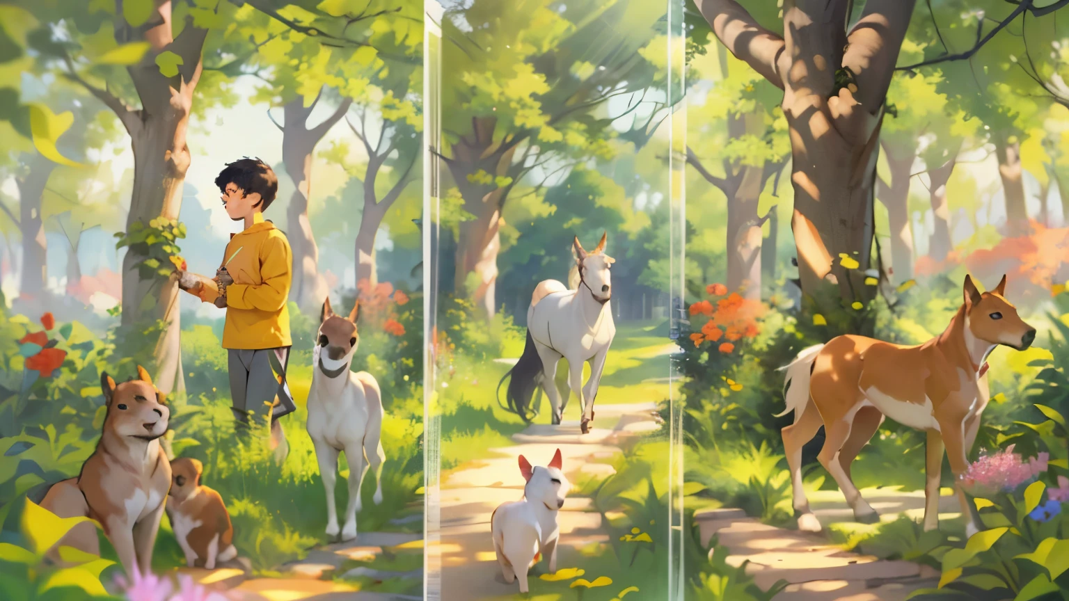 14 years old one boy slim and tall holding one Squirrel, walking with one dog, one white horse standing close by, one boy holding one squirrel, walking with one Dog and one White horse, The surrounding trees and bushes are a vibrant tapestry of life, their branches adorned with rich textures of natural fibers and leaves in shades of green, creating a stunningly beautiful backdrop. The sunlight filters through the foliage, casting dappled patterns on the ground, adding to the serene and idyllic atmosphere. The slim and tall 14 years old one boy's smile is the focal point of the scene. 14 years old one boy, one Squirrel, one dog, one white horse --seed 2063584062