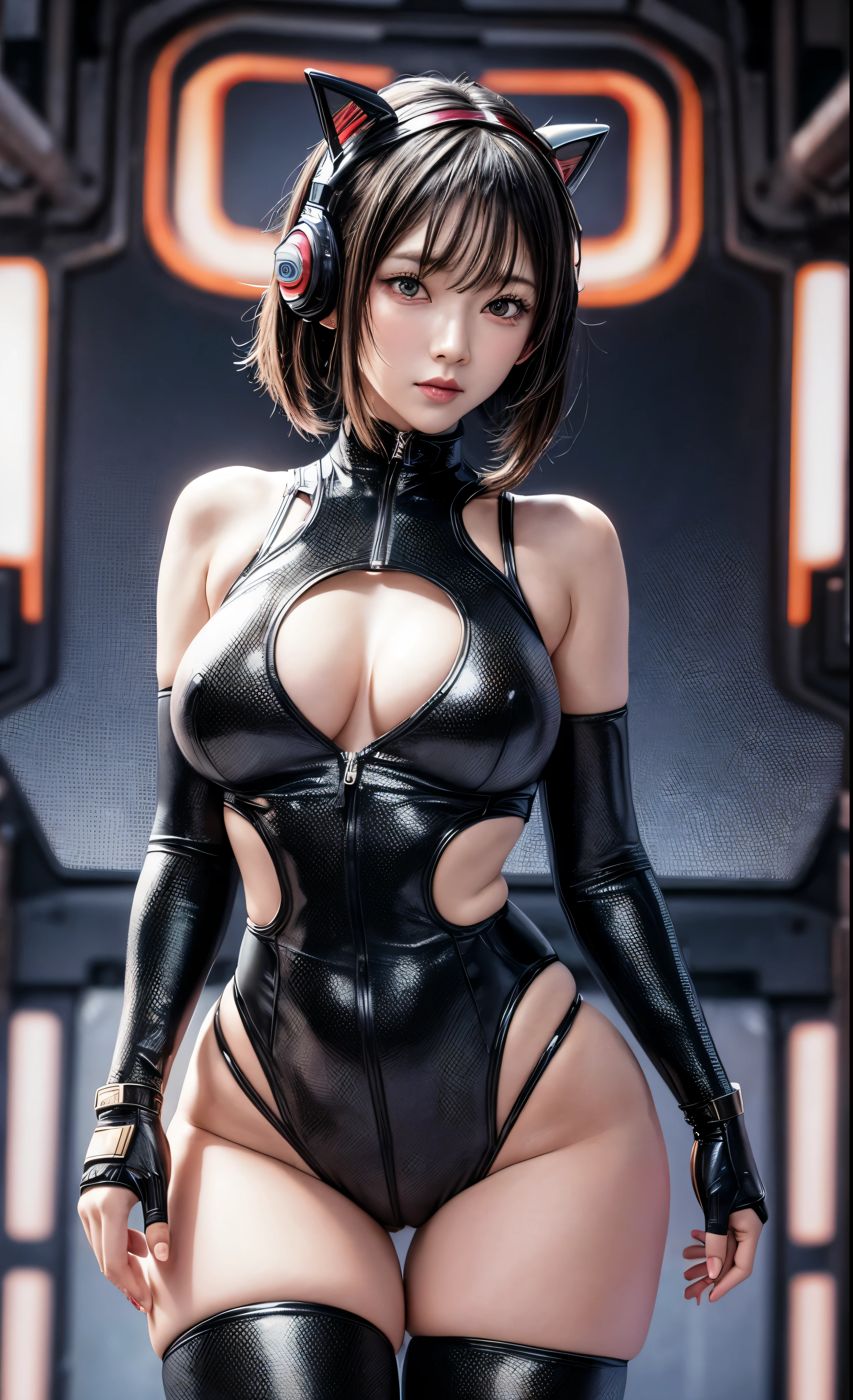delicate face, 28 year old JPOP idol {cyborg} girl, (carbon fiber cyborg body), carbon fiber body, {{angled bob}}, (big breasts:1.15), (mechanical joint), bangs, attractive curves, Central of the bone disc, seaside, standing posture, beach, glowing skin, ((Pafia Leola)), (High leg, spread your legs, camel toe, camel toe, vulva shaped:1.25), (cyber punk, SF:1.2), [[[shining neon]]], (Upper body:1.15), (8K, RAW photo, highest quality, masterpiece: 1.45), (NSFW:1.15)、(camel toe, camel toe, vulva shaped:1.25)