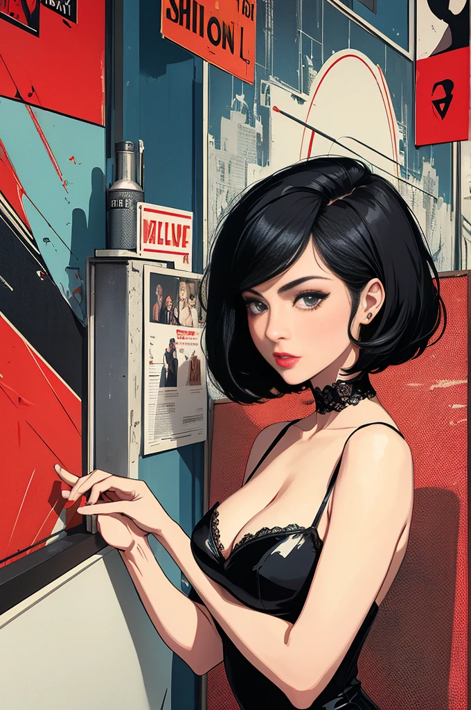 (Masterpiece, Best Quality), 8k Wallpaper, highly detailed, poster, vintage spy film, 1960s, sexy female rental killer, short black hair, cinematic movie poster, Bauhaus, shapes, lines, abstract, propaganda, mid century modern, movie poster, vintage, Lady Killer by Joelle Jones