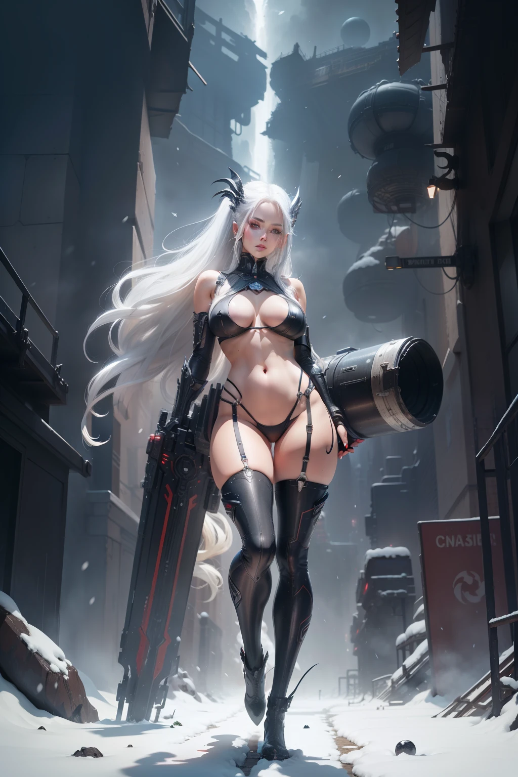 cinematic,Arkonidina, red iris, Stunning white hair of a beautiful woman in micro rope bikini standing in a futuristic setting. Beautiful leg with long barrel socks She is in the setting of a mysterious city embraced by a galaxy full of stars, representando a prosperidade. Sua pele de porcelana brilha, radiating ethereal beauty. Her long flowing white hair, pure as freshly fallen snow, caem em cascata pelos ombros e busto, emphasizing your real presence. Overknee boot socks lying on a tree. fantastic eyes,((imagem frente e verso da personagem))fotorrealista