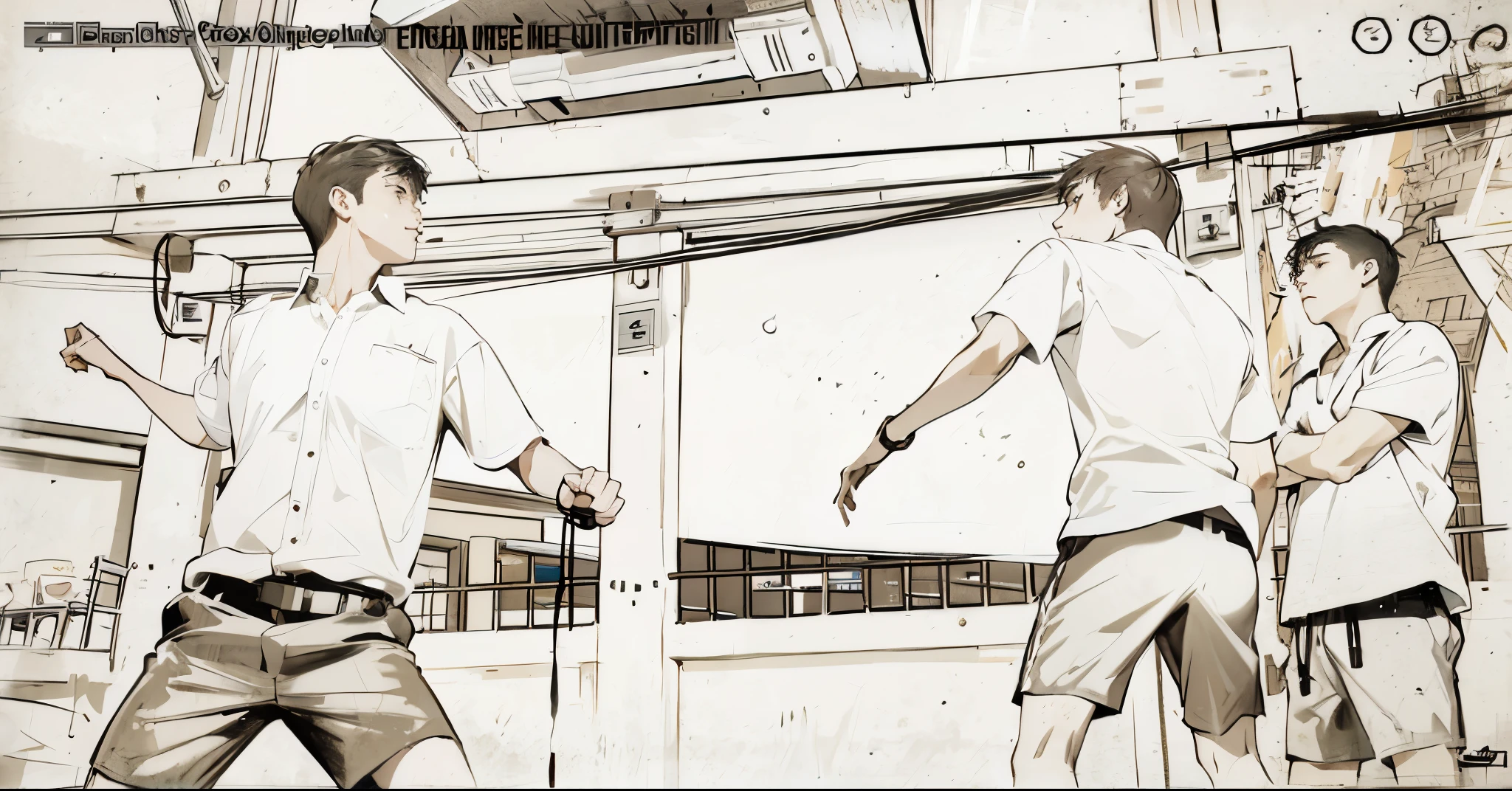 There are two young men at school about to fight, throwing punches at each other.