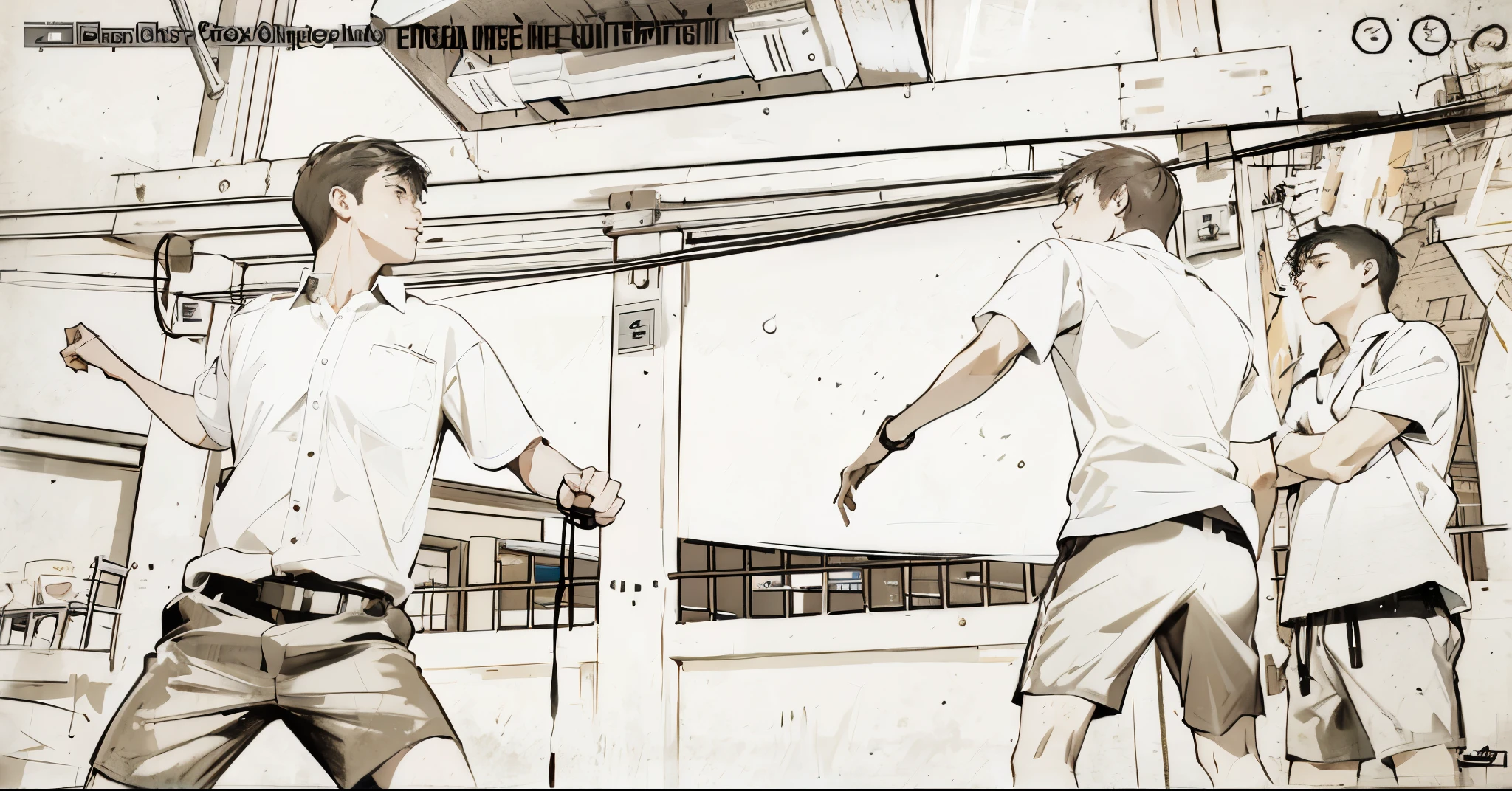 There are two young men at school about to fight, throwing punches at each other.