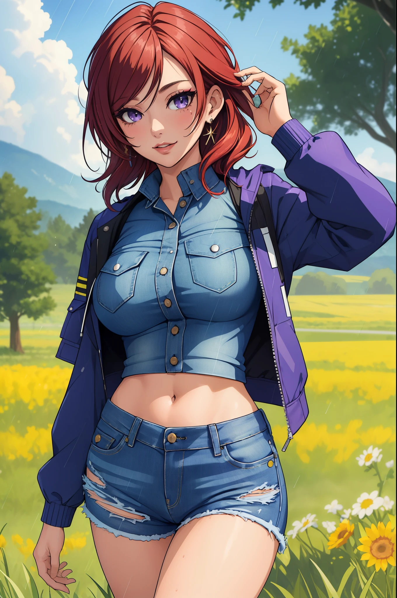 (Masterpiece, Best Quality, High Quality:1.4), professional artwork, well drawn, Intricate Details, field of view,
Nishikino maki, race background, afternoon,
Red hair, lipstick, makeup, ultra detail hair, ultra detail face, perfect eyes, perfect face, earring, purple eyes, big breasts,Looking at Viewer, flirting, on ground , laying, on back, arms up ,sexy, nipple ,
Tight short denim shorts, crop jacket, rain coat