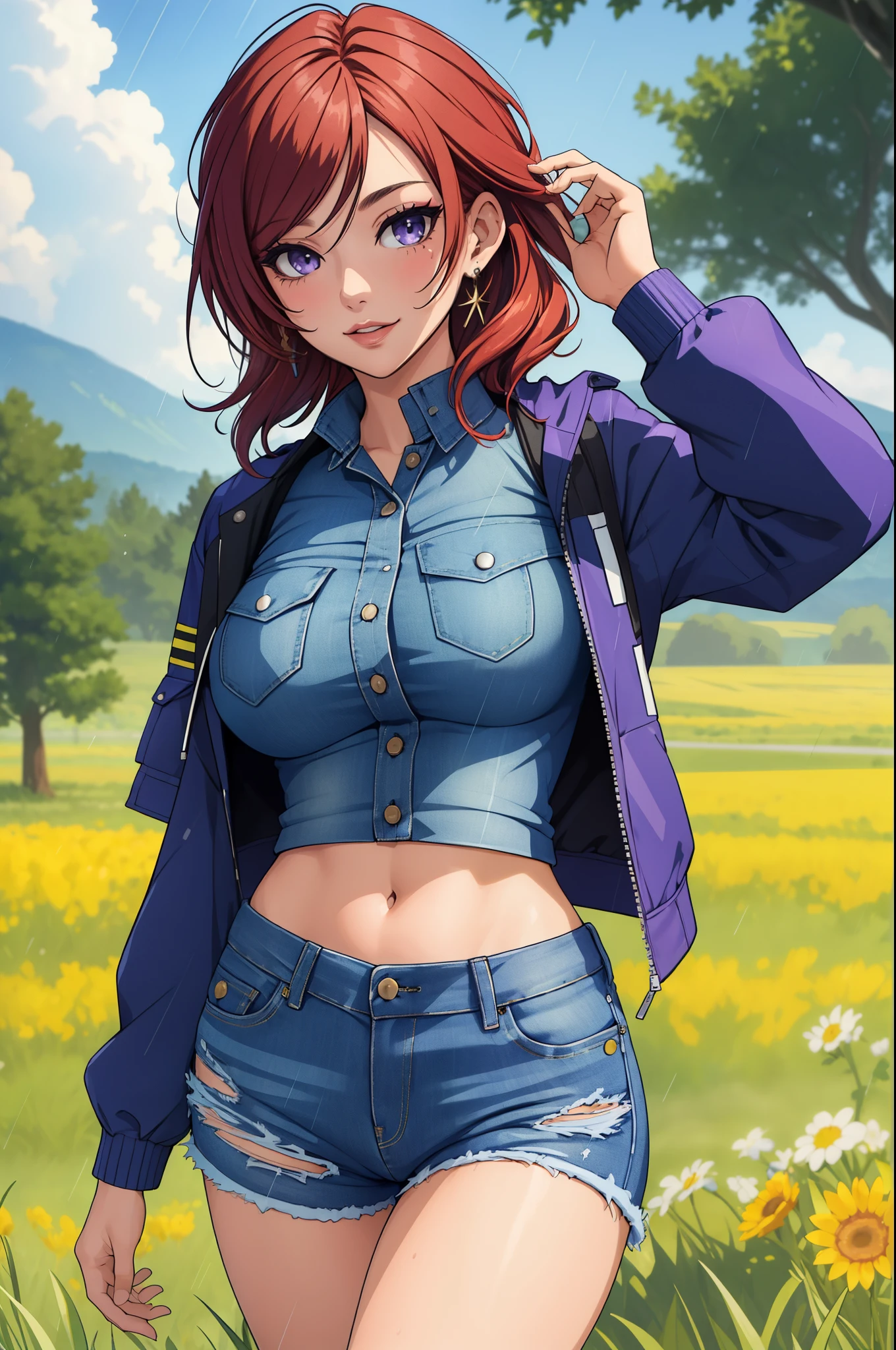 (Masterpiece, Best Quality, High Quality:1.4), professional artwork, well drawn, Intricate Details, field of view, 
Nishikino maki, race background, afternoon, 
Red hair, lipstick, makeup, ultra detail hair, ultra detail face, perfect eyes, perfect face, earring, purple eyes, big breasts,Looking at Viewer, flirting, on ground , laying, on back, arms up ,sexy, nipple ,
Tight short denim shorts, crop jacket, rain coat 