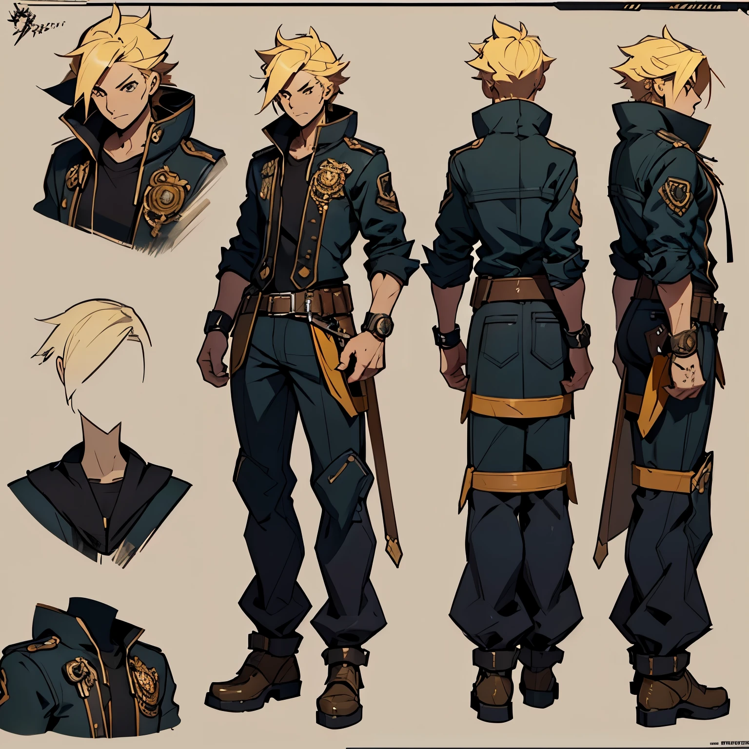 Close-up of a man in a gun costume, ((character concept art)), ((character design sheet, same character, front, side, back)) maple story character art, video game character design, video game character design, maple story gun girl, expert high detail concept art, metal bullet concept art, funny character design, Lucio as a woman, gravity rush inspiration, sticky tar. Concept art, belt buckle at waist, steampunk weapon,