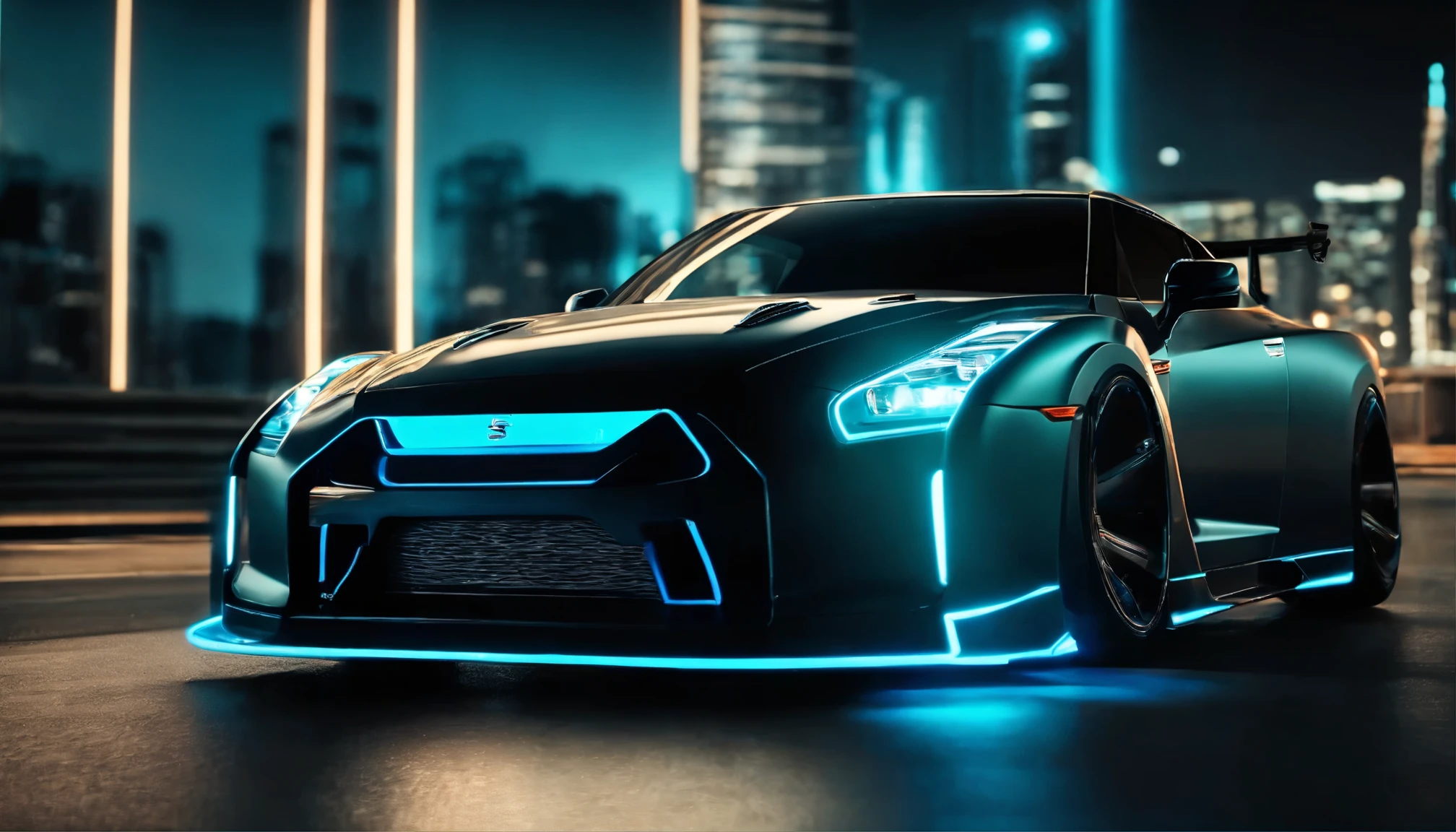 A Nissan GTR lowered wide body,  car body molded as if it was in the movie Tron legacy, Blue LED strips light up all the body lines of the car, night city background, motion blur, a close up of a car with a glowing blue stripe on the hood, tron, glowing neon vray, cyan headlights, black and cyan color scheme, futuristic neon, cyan lightning, black neon lights, teal neon lights, colors of tron legacy, stylized neon, dark neon lighting, light cyan, neon dark lighting, neon-noir background