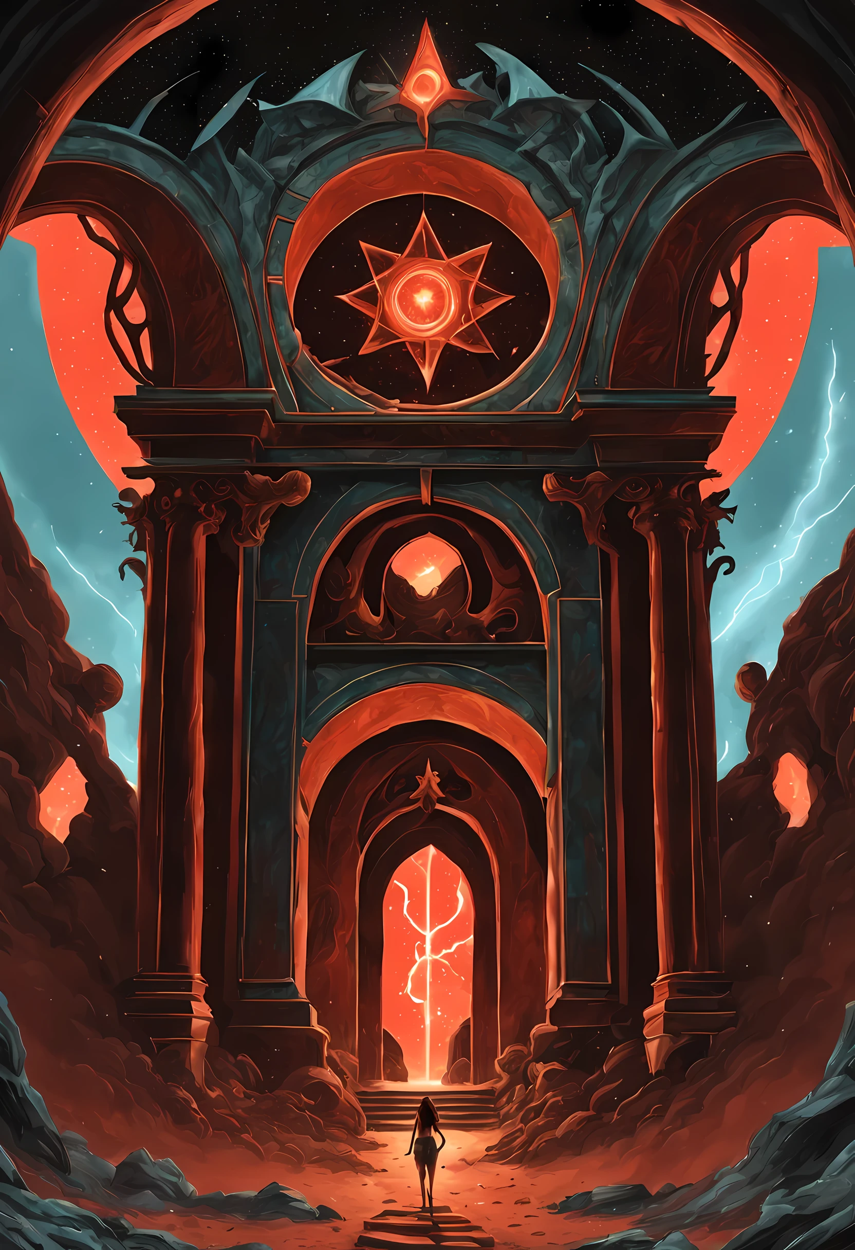 high details, best quality, 16k, [best detailed], masterpiece, best quality, (extremely detailed), a view from the rear of a beautiful succubus looking through  a magical portal onto heaven, the portal has magical red magical wards  on it, she sees the starry heavens and bliss of heaven faize , GlowingRunes_paleblue, 