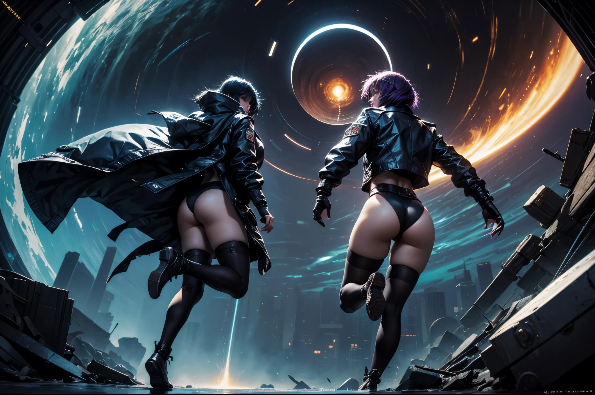 a back photo of kusanagi motoko, fingerless gloves, leotard, strapless leotard, cleavage, thighhighs, black jacket, jumping in a giant gloomy vortex with elctricity storming in the vortex, sfx, style by greg rutkowski