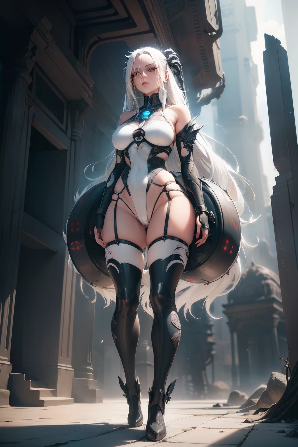 cinematic,Arkonidina, red iris, Stunning white hair of a beautiful woman in micro rope bikini standing in a futuristic setting. Beautiful leg with long barrel socks She is in the setting of a mysterious city embraced by a galaxy full of stars, representando a prosperidade. Sua pele de porcelana brilha, radiating ethereal beauty. Her long flowing white hair, pure as freshly fallen snow, caem em cascata pelos ombros e busto, emphasizing your real presence. Overknee boot socks lying on a tree. fantastic eyes,((imagem frente e verso da personagem))fotorrealista