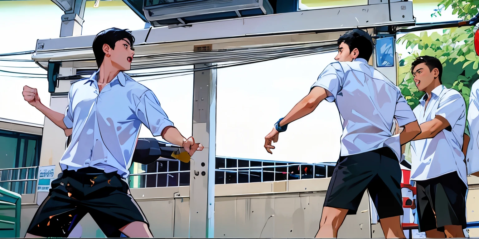 There are two young men at school about to fight, throwing punches at each other.
