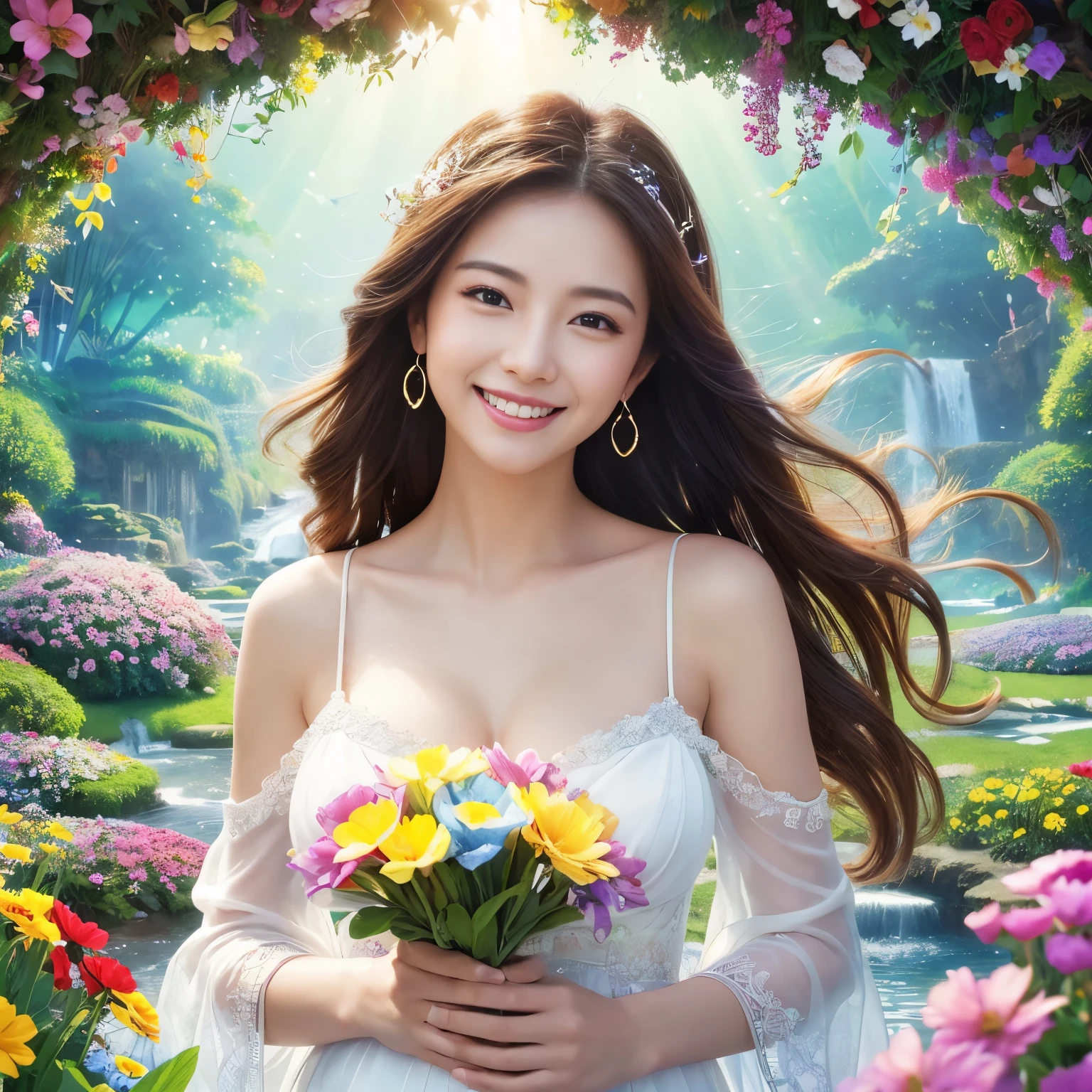 (highest quality、table top、8K、best image quality、hyper realism)、unparalleled beauty、pregnancy、highly detailed face、upper body photo、big breasts、(look at me最大の笑顔、The happiest smile), look at me、long hair fluttering in the wind, (Colorful flower garden、Colorful flower garden、A paradise of colorful flowers), white dress、accurate anatomy、fairy tale atmosphere、fairy tale sparkle、sacred waterfall、(heavenly atmosphere、A treasure trove of beautiful nature、paradise、Mystical Heaven、paradis)、Shining beautiful skin