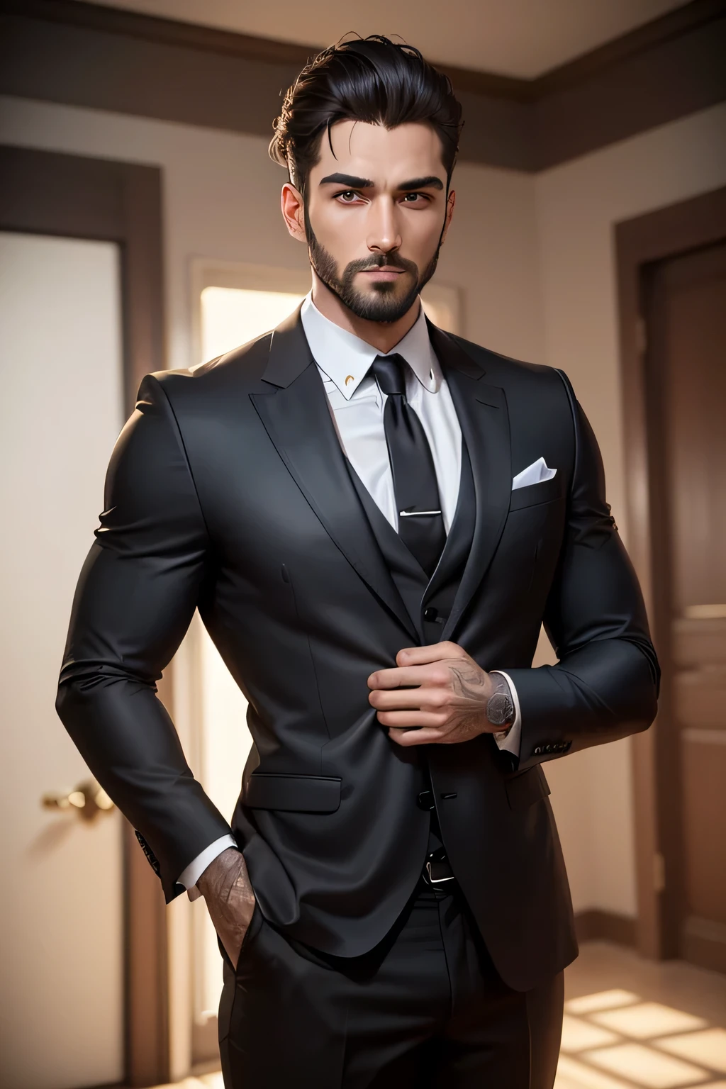 acima、Make a handsome 30-year-old man in a black suit and tie, CEO, cabelos castanhos e barba, (Homem de terno preto e gravata), ), (Use uma barba,) Attractive and serious look, cabelo preto curto, elegante e elegante, Barbear bem ajustado ao terno e corpo forte, (altamente qualidade, Imagens realistas), Preto escuro e claro no fundo da imagem, Estilo de filme, ((primeira qualidade, 8k, obra de arte), Ultra high definition photo, (belos rostos detalhados, detalhe da textura da pele, Corpo hiperdetalhado:1.1) photoshop.
