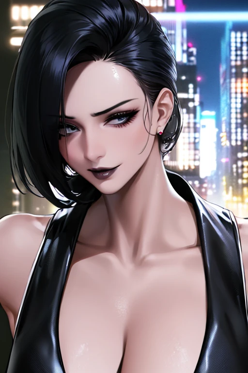 1girl,
(best quality, 4k, 8k, highres, masterpiece:1.2), ultra-detailed, (portrait, mid-twenty,solo_female,dress, straight_hair,collarbone,(masterpiece,best quality), black hair, gothic, black lipstick,smirk,hair pulled back,hair_pulled_back,milf,mature_woman,hair_pulled_back,city background,neon city background , cityscape, dangerous, evil woman , messy hair 