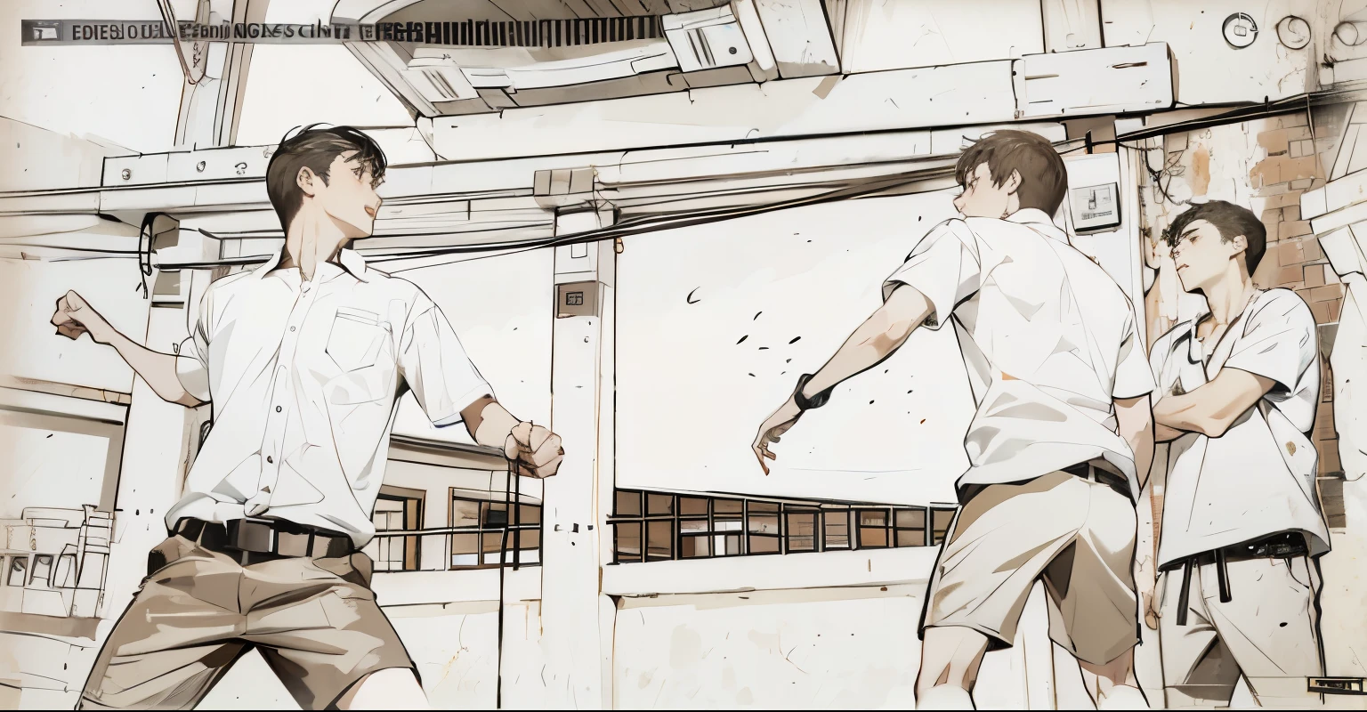 There are two young men at school about to fight, throwing punches at each other.
