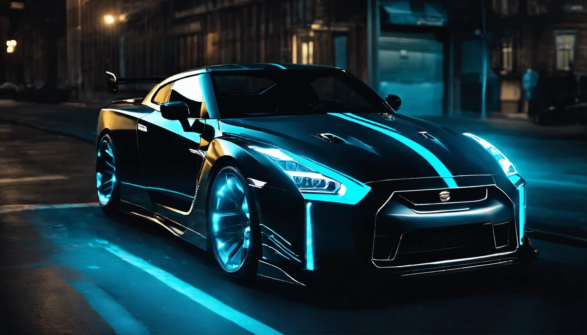 A Nissan GTR lowered wide body,  car body molded as if it was in the movie Tron legacy, Blue LED strips light up all the body lines of the car, night city background, motion blur, a close up of a car with a glowing blue stripe on the hood, tron, glowing neon vray, cyan headlights, black and cyan color scheme, futuristic neon, cyan lightning, black neon lights, teal neon lights, colors of tron legacy, stylized neon, dark neon lighting, light cyan, neon dark lighting, neon-noir background