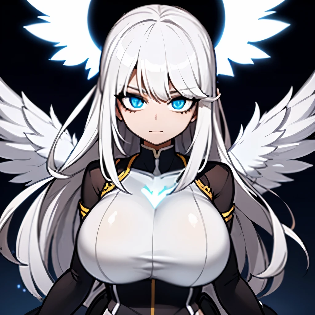Masterpiece, angel, white hair, glowing, glowing hair, glowing eyes, beautiful eyes, rainbow eyes, white hair, angel wings, 1girl, big breasts, super hero, clothed