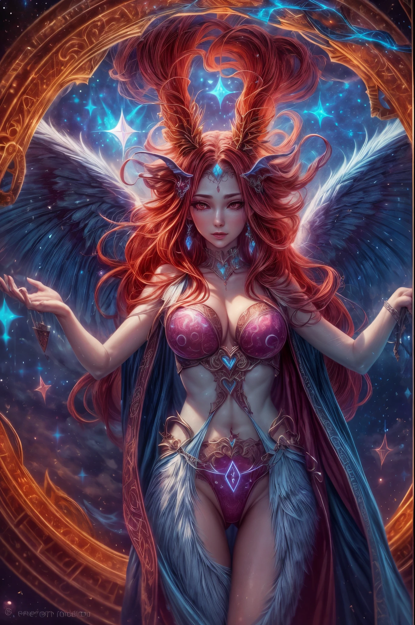 high details, best quality, 16k, [best detailed], masterpiece, best quality, (extremely detailed), a view from the rear of a beautiful succubus, wearing dynamic clothing,  looking through a magical portal onto heaven, the portal has magical red magical wards on it, she sees the starry heavens and bliss of heaven , GlowingRunes_paleblue, 