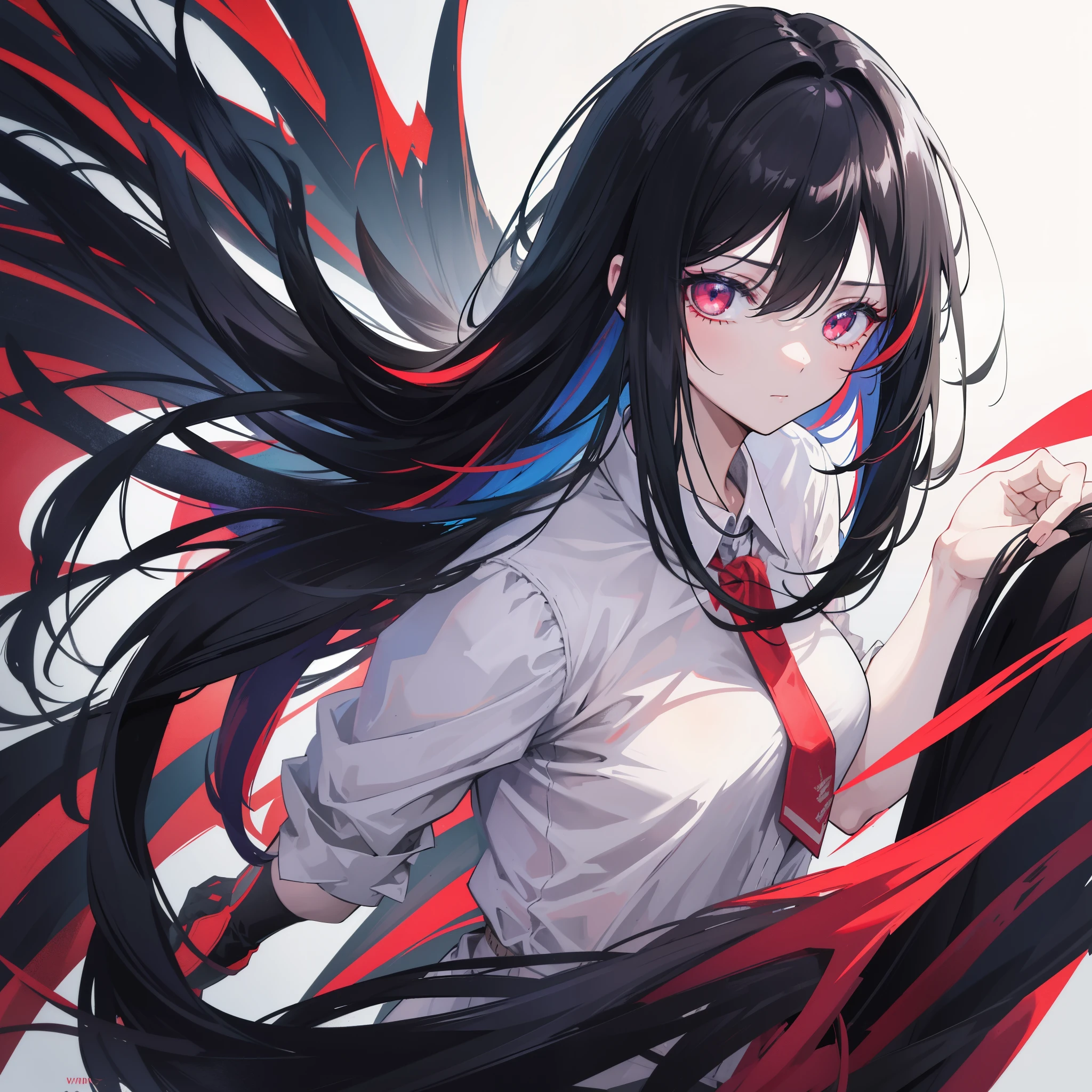 black hair, colored inner hair, hair over shoulder, tied hair, devil eyes, yandere, anime, anime style, cinematic lighting, 8k, super detail, masterpiece, super detail, high quality, high quality, high details, best quality, highres, 4K