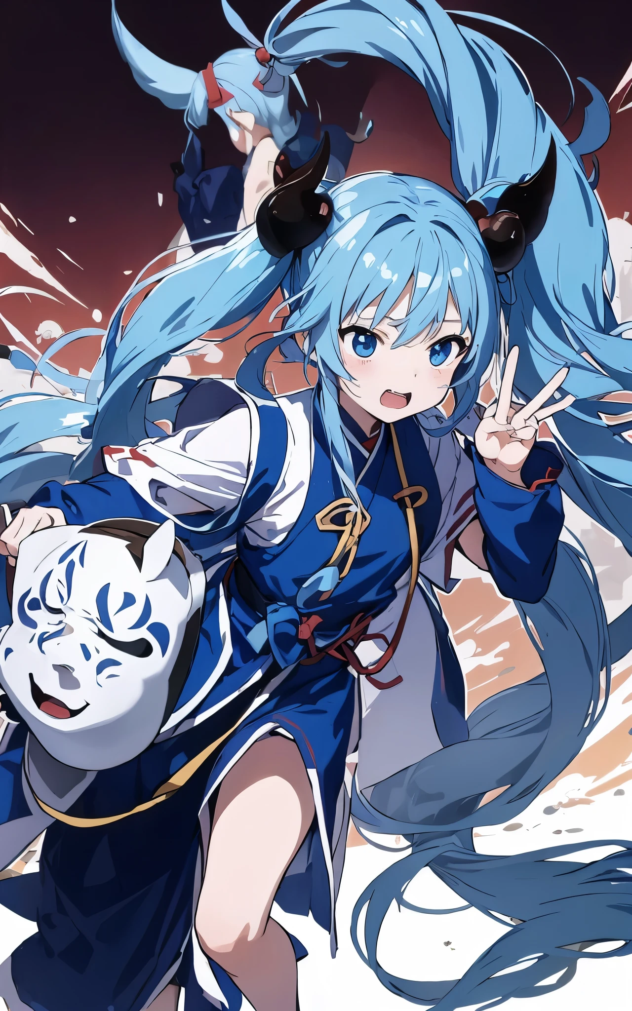 light blue long hair、Twin-tailed girl, Have beans、Chasing someone wearing a demon mask、Face-to-face audience,