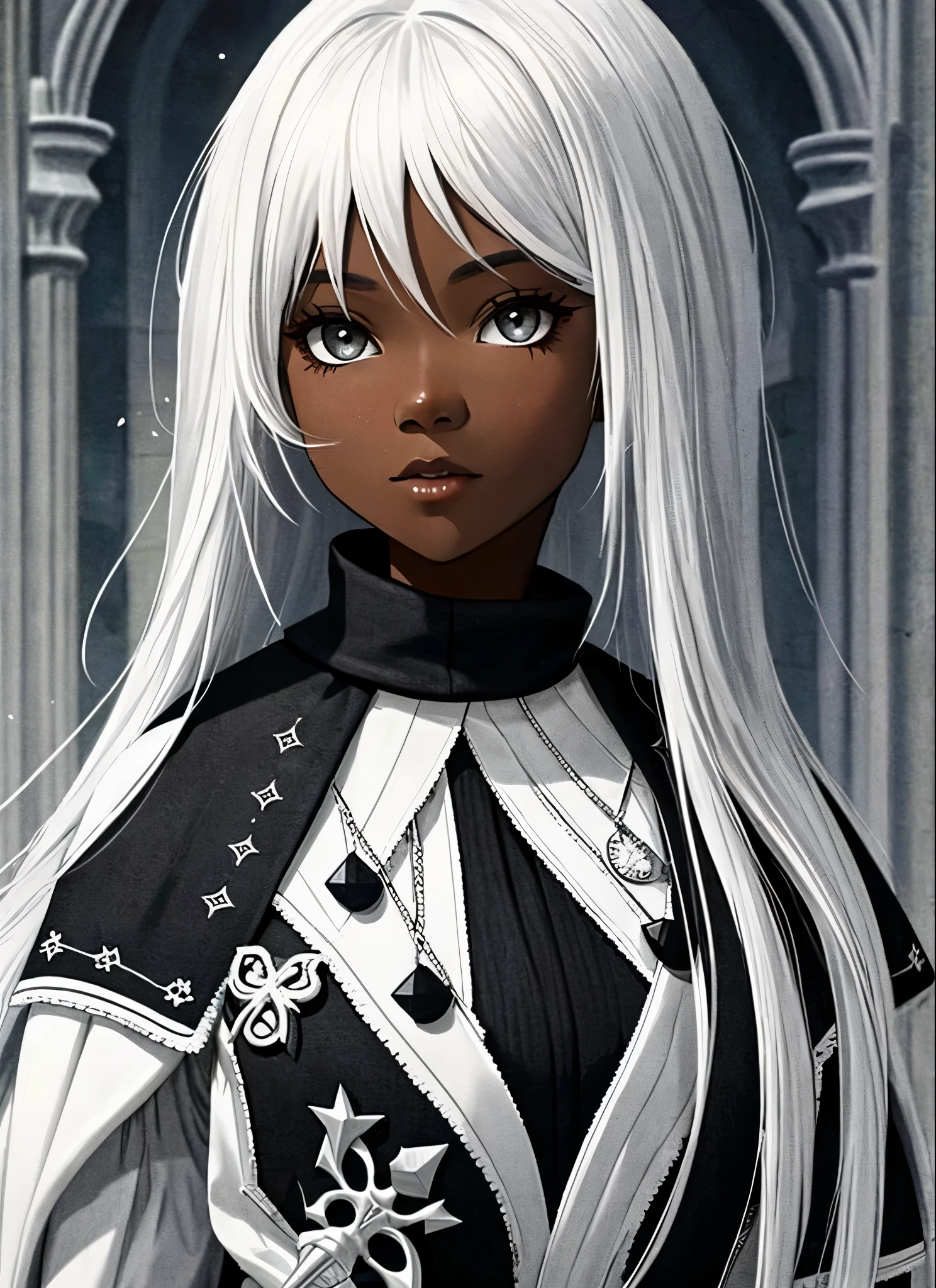 girl black skin, black , white hair, medieval
