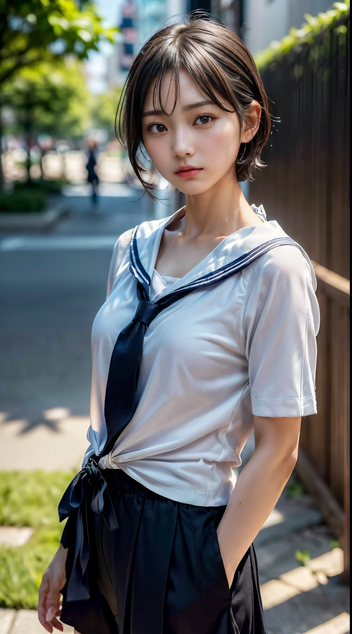 (Hair and clothes get messed up due to strong winds:1.4),(Sweating on face and neck:1.4)
(白と黒の定番summer clothesセーラー服:1.4),summer clothes,cold look,cold gaze,black hair,(blush:1.4),(tie hair short:1.6),White skin as clear as silk,best realistic depiction,(very detailed美しい顔), wonderful face and eyes, (highest quality:1.4), (Super detailed), (very detailed CG 統合 8k 壁紙), very detailed, High resolution RAW color photos, professional photography, realistic portrait,
(Detailed full body RAW photo of girl:1.4), Canon EOS R5 350mm, sharp focus, cinematic lighting, (no makeup:1.8), Fine skin texture, fine clavicle texture,Detailed texture of sailor suit,Very realistic sailor uniform texture,(ultra high resolution:1.4), (realistic:1.4),,chromatic aberration