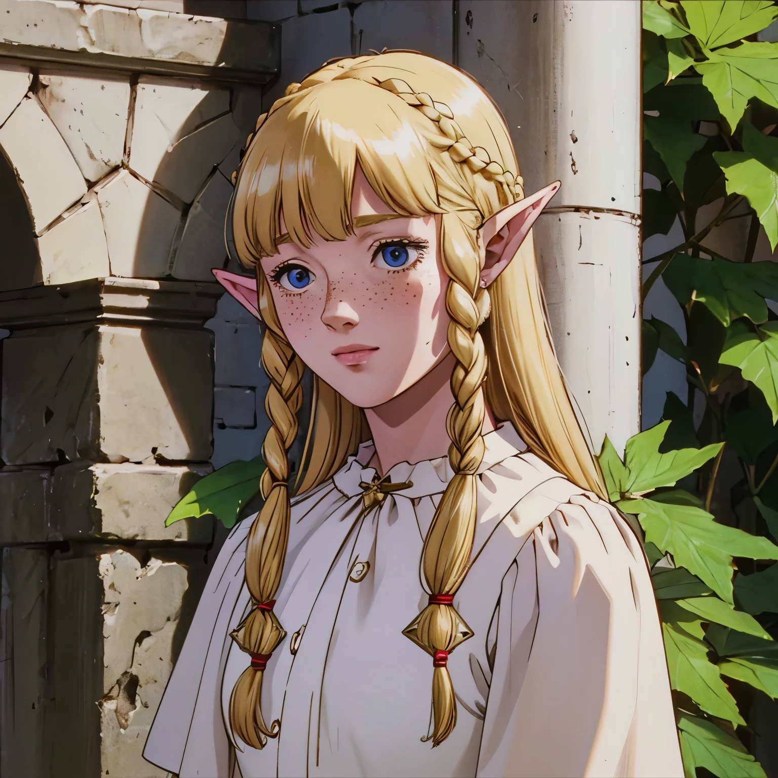 a beautiful blonde woman with elf ears and freckles, with braids