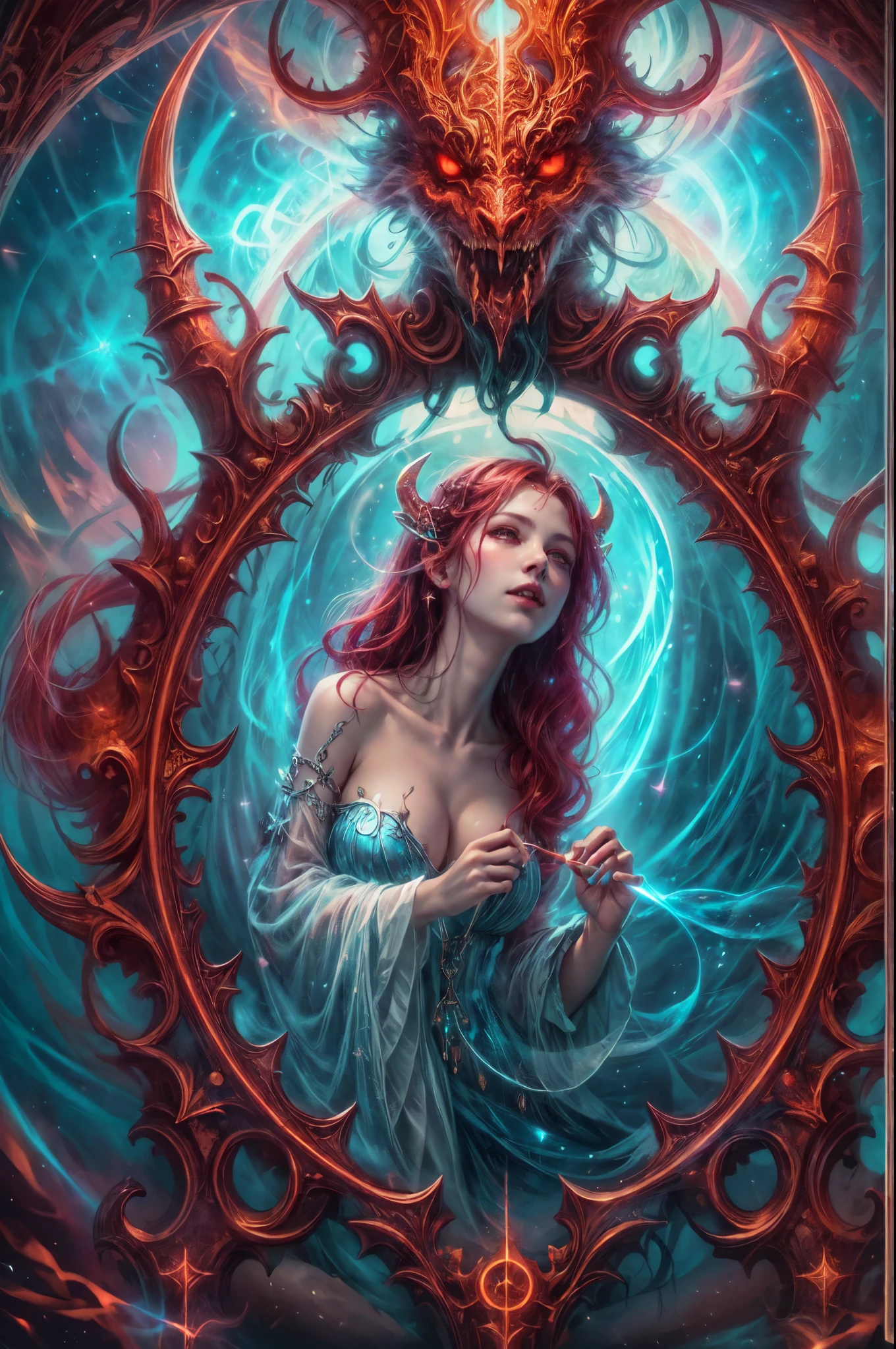 high details, best quality, 16k, [best detailed], masterpiece, best quality, (extremely detailed), a picture of a beautiful succubus looking through a magical portal onto heaven, the portal has magical red magical wards on it, she sees the starry heavens and bliss of heaven , GlowingRunes_paleblue, 