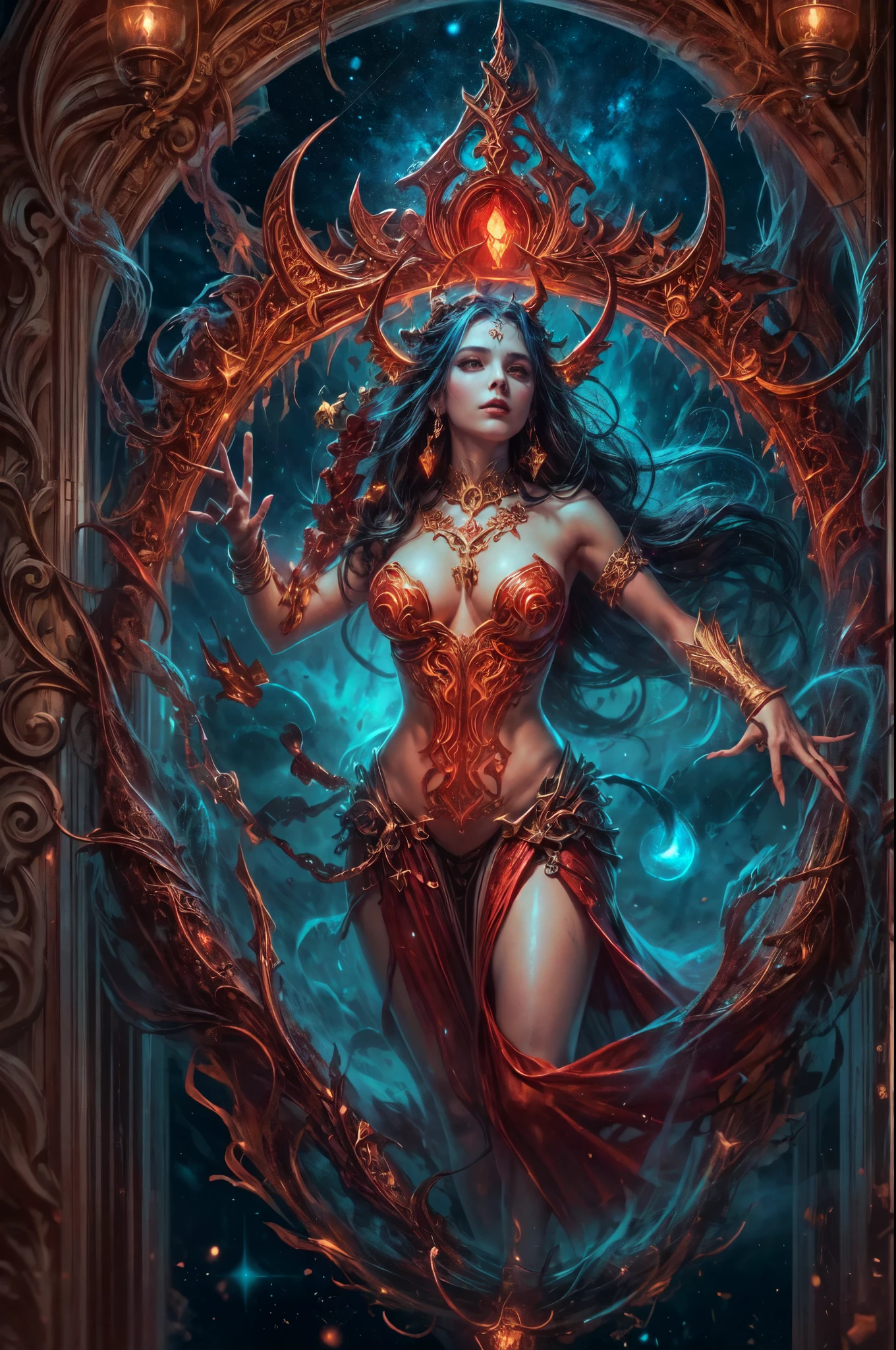 high details, best quality, 16k, [best detailed], masterpiece, best quality, (extremely detailed), a picture of a beautiful succubus looking through a magical portal onto heaven, the portal has magical red magical wards on it, she sees the starry heavens and bliss of heaven , GlowingRunes_paleblue, 