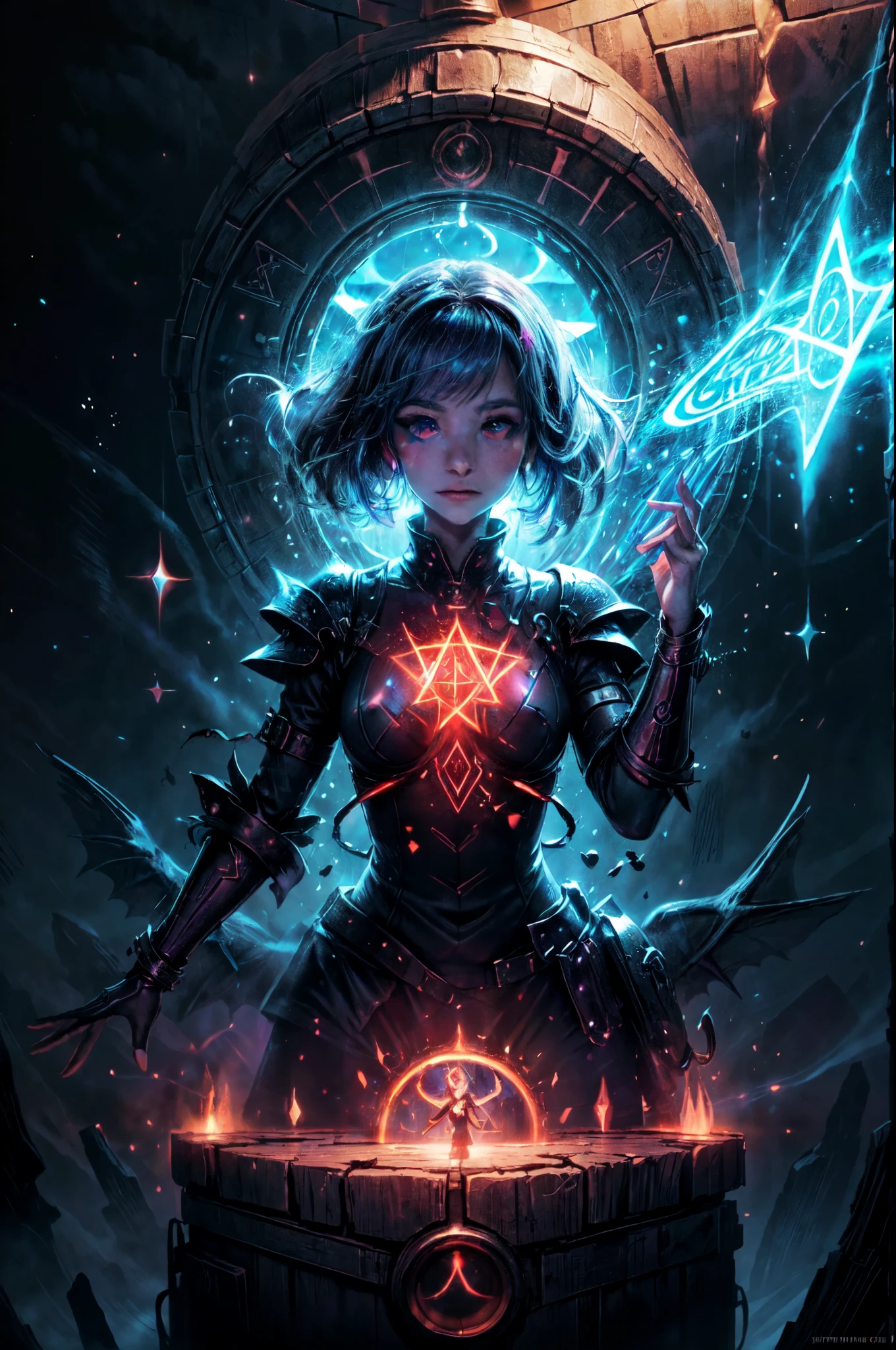 high details, best quality, 16k, [best detailed], masterpiece, best quality, (extremely detailed), a picture of a beautiful succubus looking through a (magical portal: 1.3)  onto heaven, the portal has magical red magical wards on it, she sees the starry heavens and bliss of heaven , GlowingRunes_paleblue, 