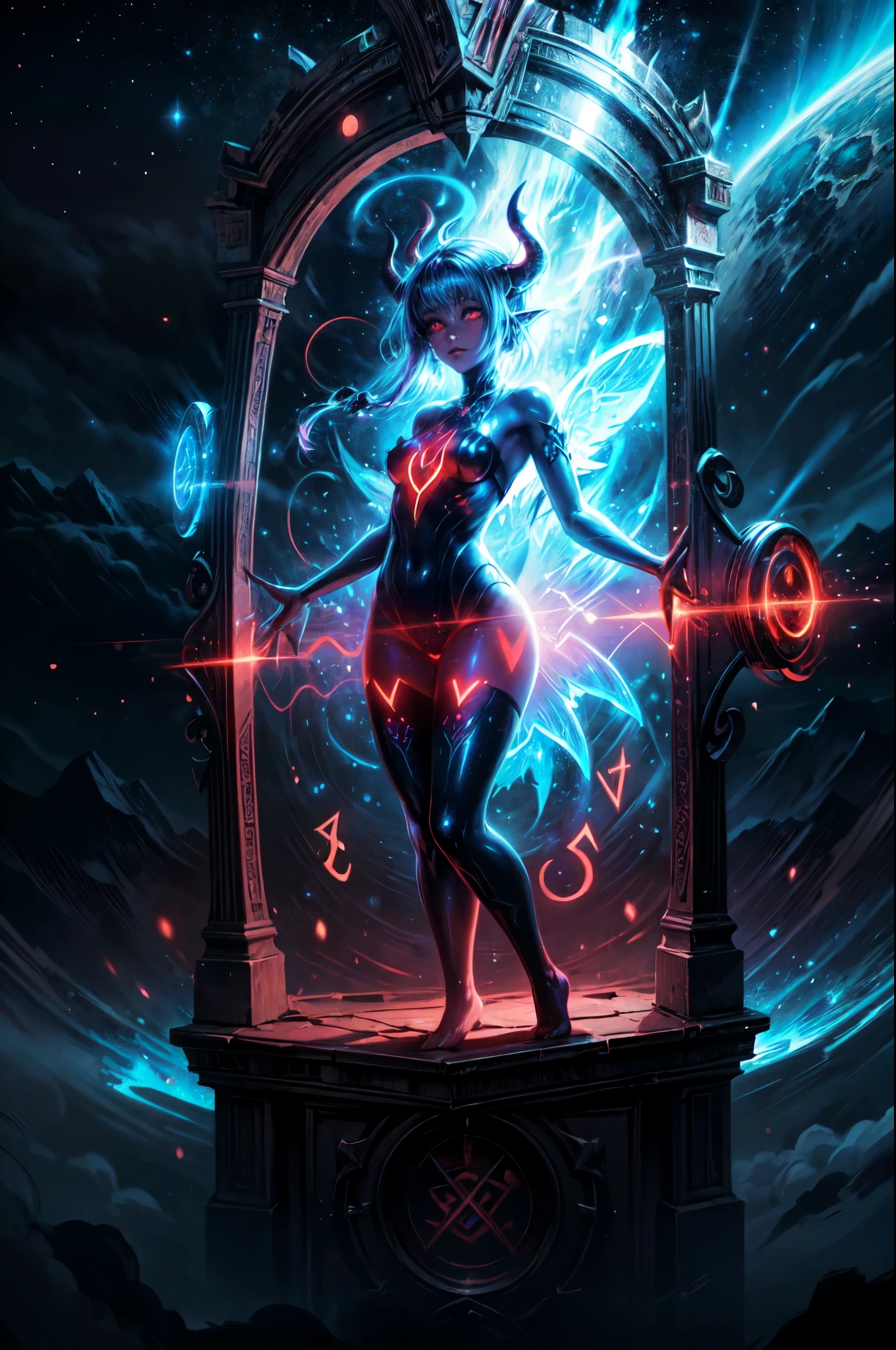 high details, best quality, 16k, [best detailed], masterpiece, best quality, (extremely detailed), a picture of a beautiful succubus looking through a (magical portal: 1.3)  onto heaven, the portal has magical red magical wards on it, she sees the starry heavens and bliss of heaven , GlowingRunes_paleblue, 