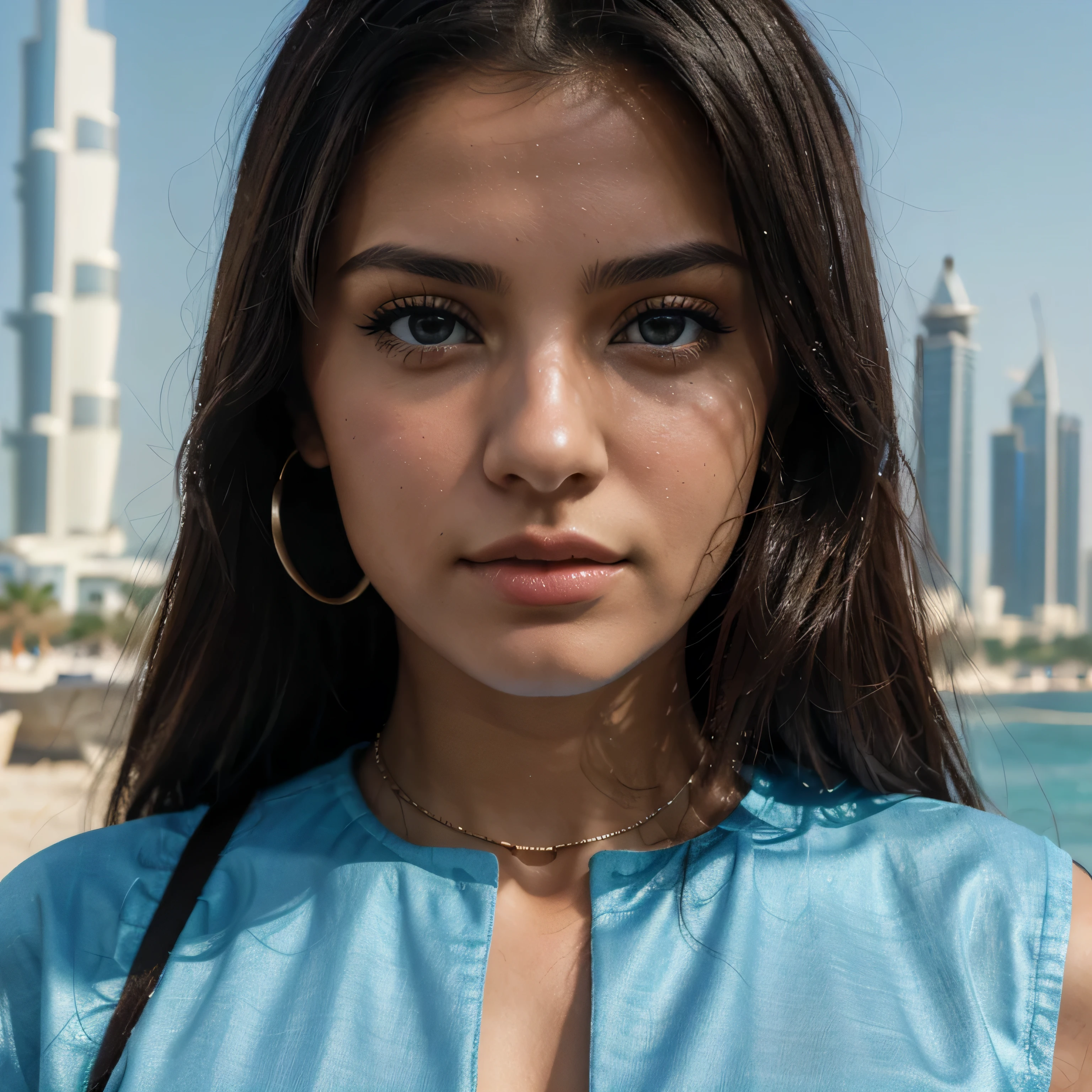 you are Valentina bianchi. like monica belucci, sky blue eyes,dark dark black hair,serious face,teenage girl, cute, girlish, teenage, make it 4k uhd realistic, , backlighting, cinematic lighting, first-person view, UHD, masterpiece, super detail, high details, high quality, best quality, nikon d850 24,instagram influencer, BACKGROUND BURJ KALIFA DUBAI