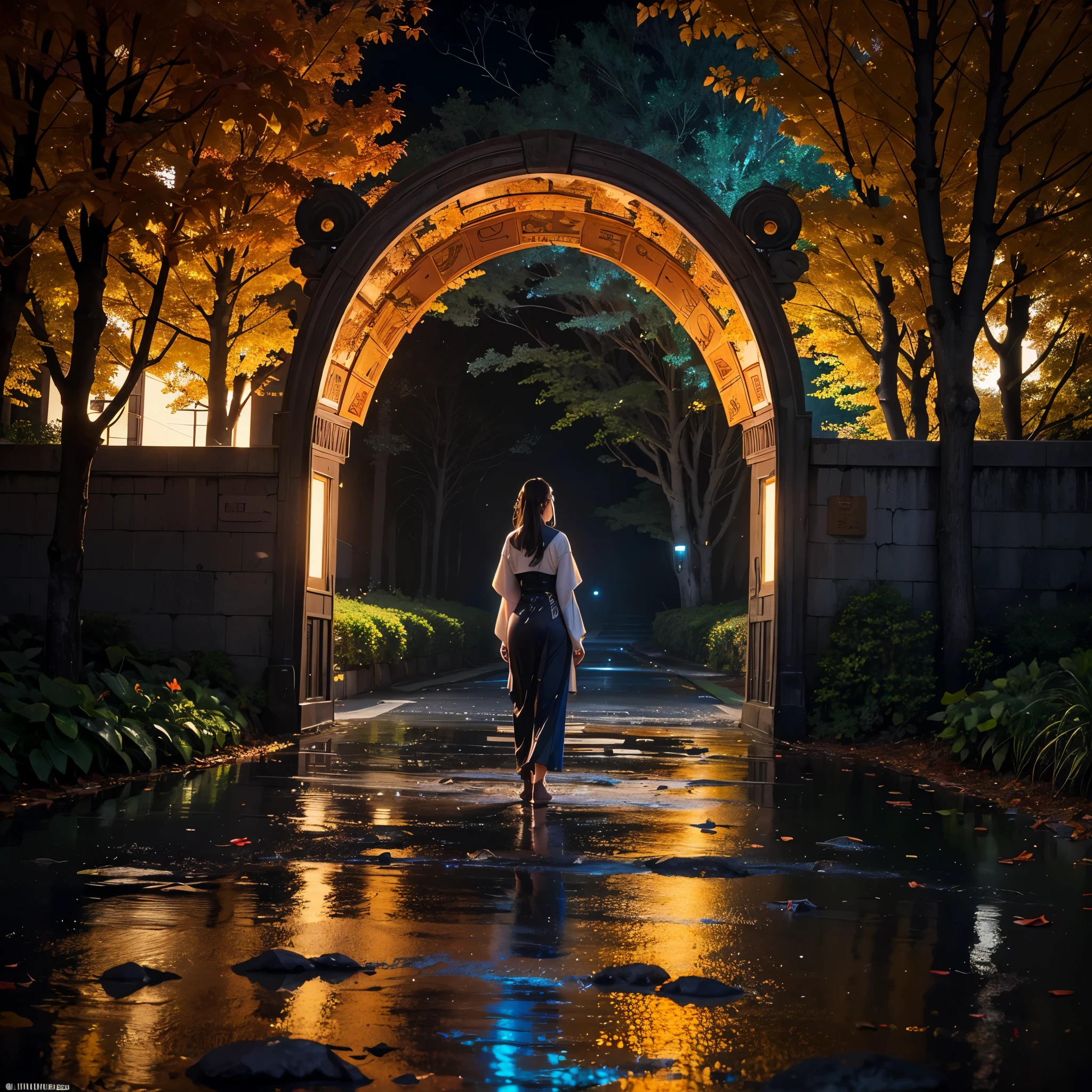 a abandoned stargate,(centered),autumn leaves,gorgeous color grading,ultra-detailed digital art 8k,(iridescent wet road),bioluminescent,flowers,masterpiece,intricate,Depth of Field,cinematic lighting,full colors,colorful,majestic,raytracing,creative,expressive,supple,divine proportion