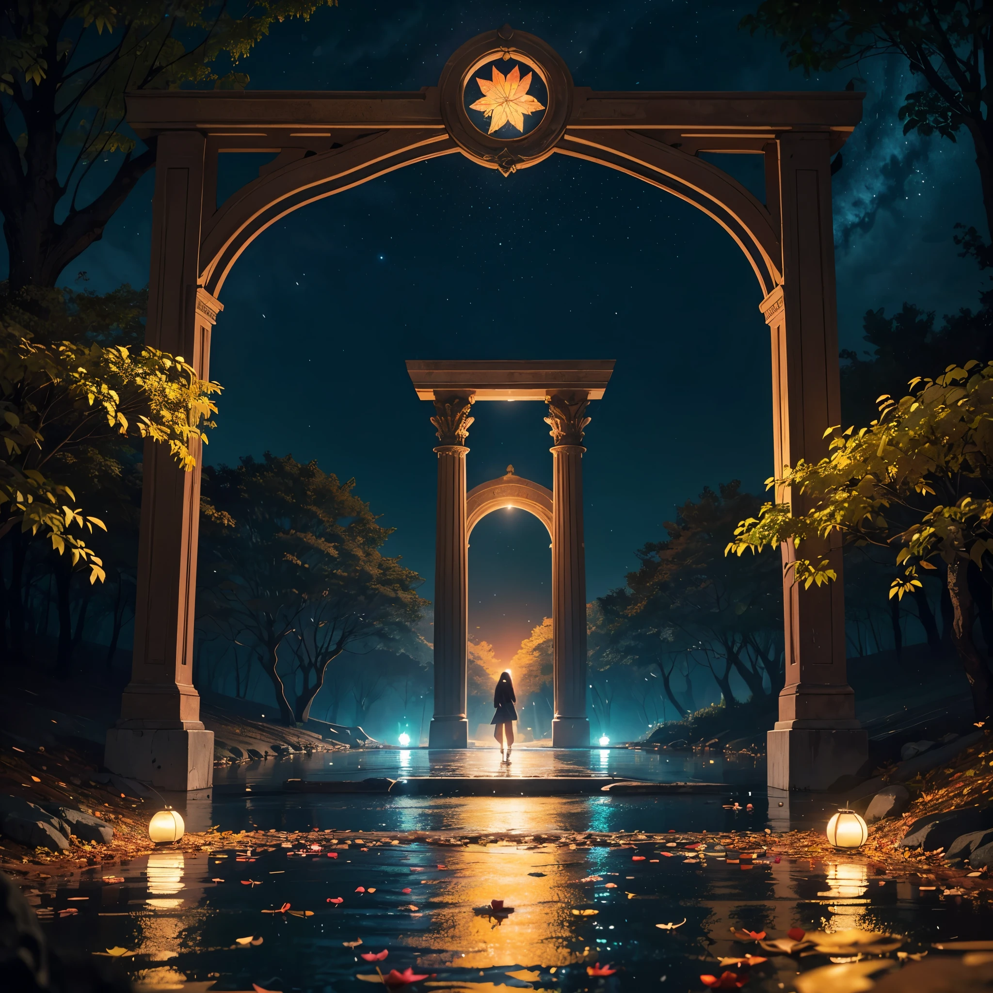 a abandoned stargate,(centered),autumn leaves,gorgeous color grading,ultra-detailed digital art 8k,(iridescent wet road),bioluminescent,flowers,masterpiece,intricate,Depth of Field,cinematic lighting,full colors,colorful,majestic,raytracing,creative,expressive,supple,divine proportion