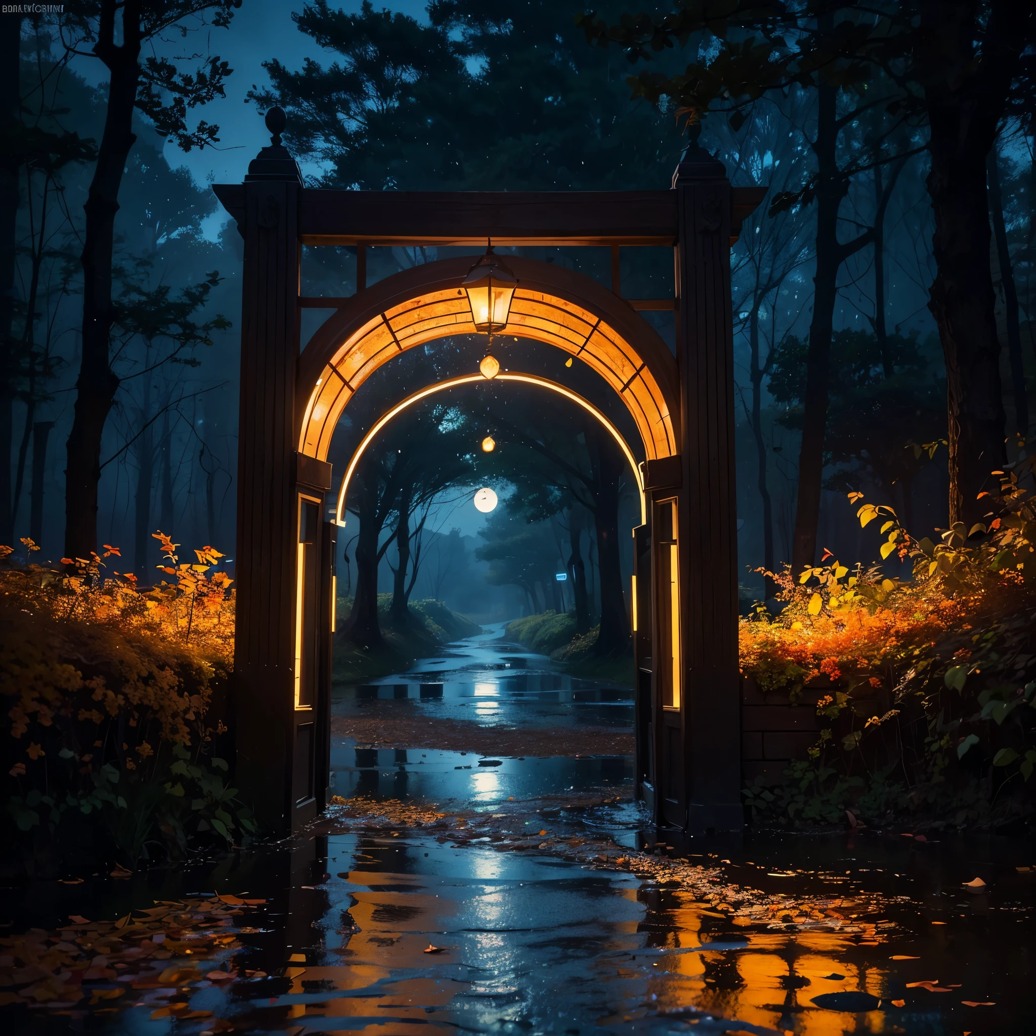 a abandoned stargate,(centered),autumn leaves,gorgeous color grading,ultra-detailed digital art 8k,(iridescent wet road),bioluminescent,flowers,masterpiece,intricate,Depth of Field,cinematic lighting,full colors,colorful,majestic,raytracing,creative,expressive,supple,divine proportion