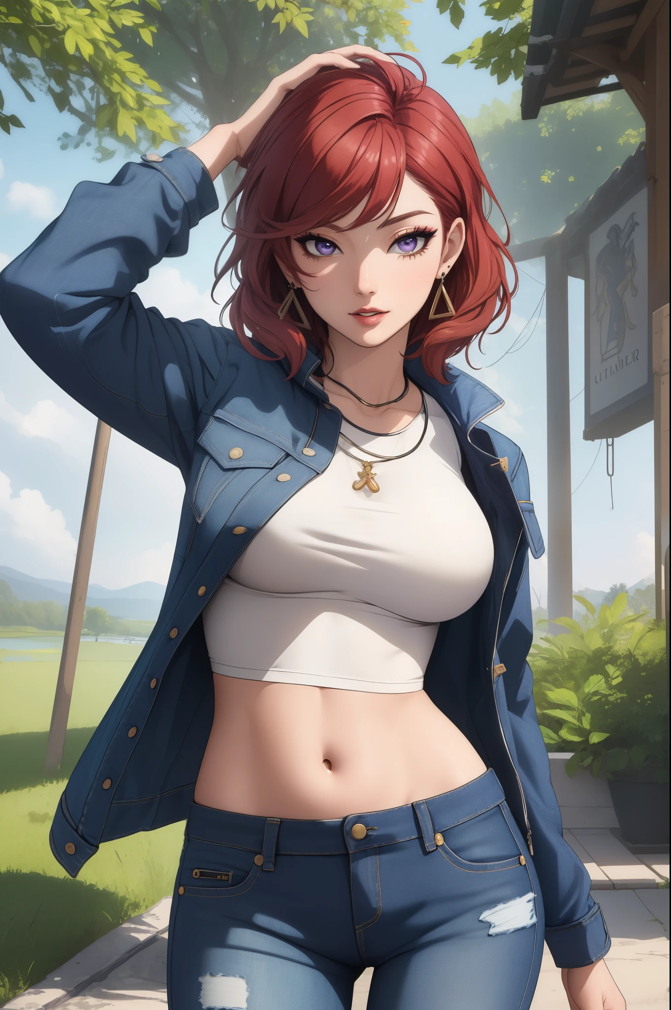 (Masterpiece, Best Quality, High Quality:1.4), professional artwork, well drawn, Intricate Details, field of view, 
Nishikino maki, race background, afternoon, 
Red hair, lipstick, makeup, ultra detail hair, ultra detail face, perfect eyes, perfect face, earring, purple eyes, big breasts,Looking at Viewer, flirting, on ground , laying, on back, arms up ,sexy ,
Tight short denim shorts, crop jacket, rain coat 