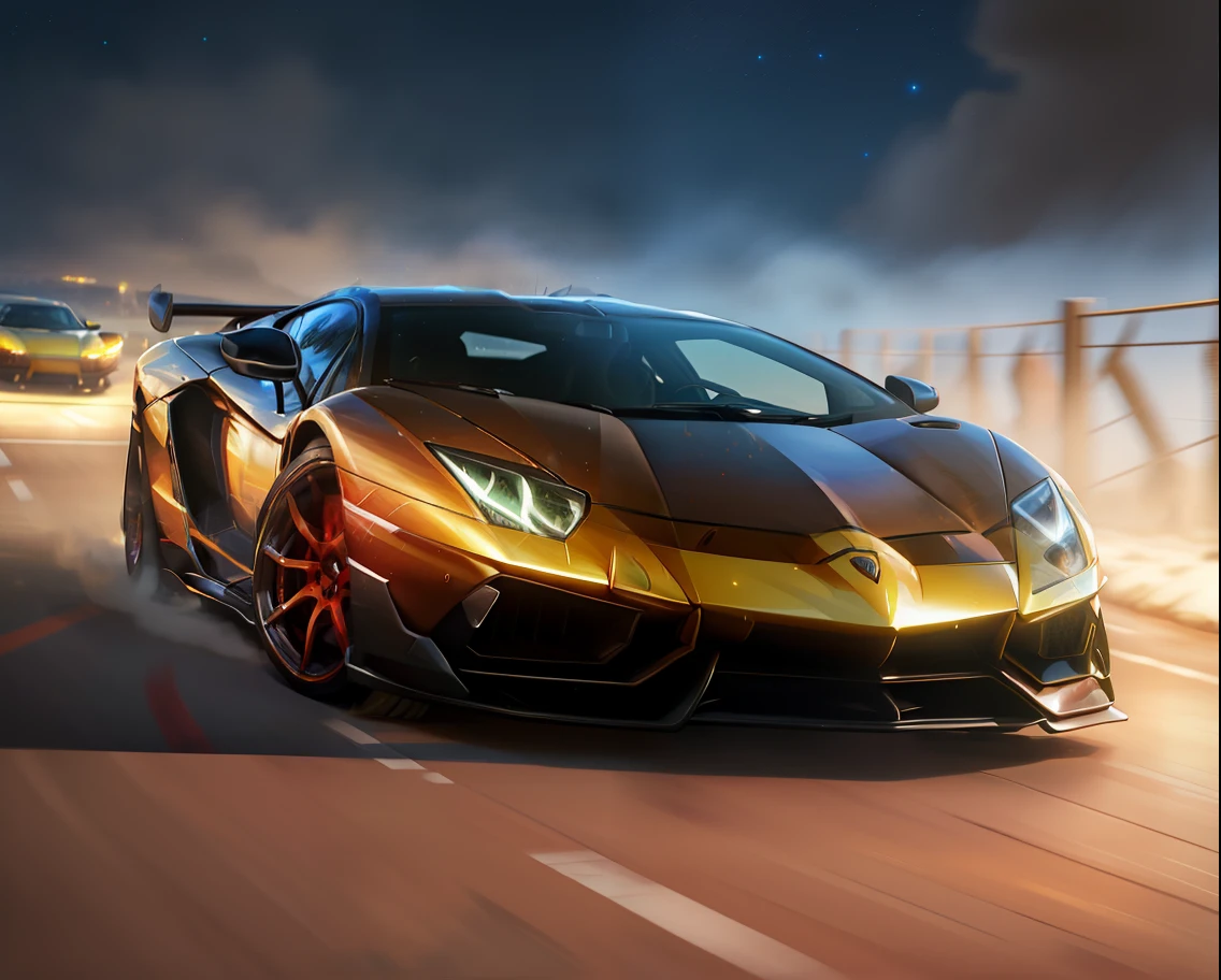 a painting of a lamborghini aventador,  (masterpiece, best quality), particle effects, epic explosion background, vivid, hdr, night time, very detailed, (cell shaded:1.2), ray tracing, it doesn't matter if it's an inch or a quarter mile