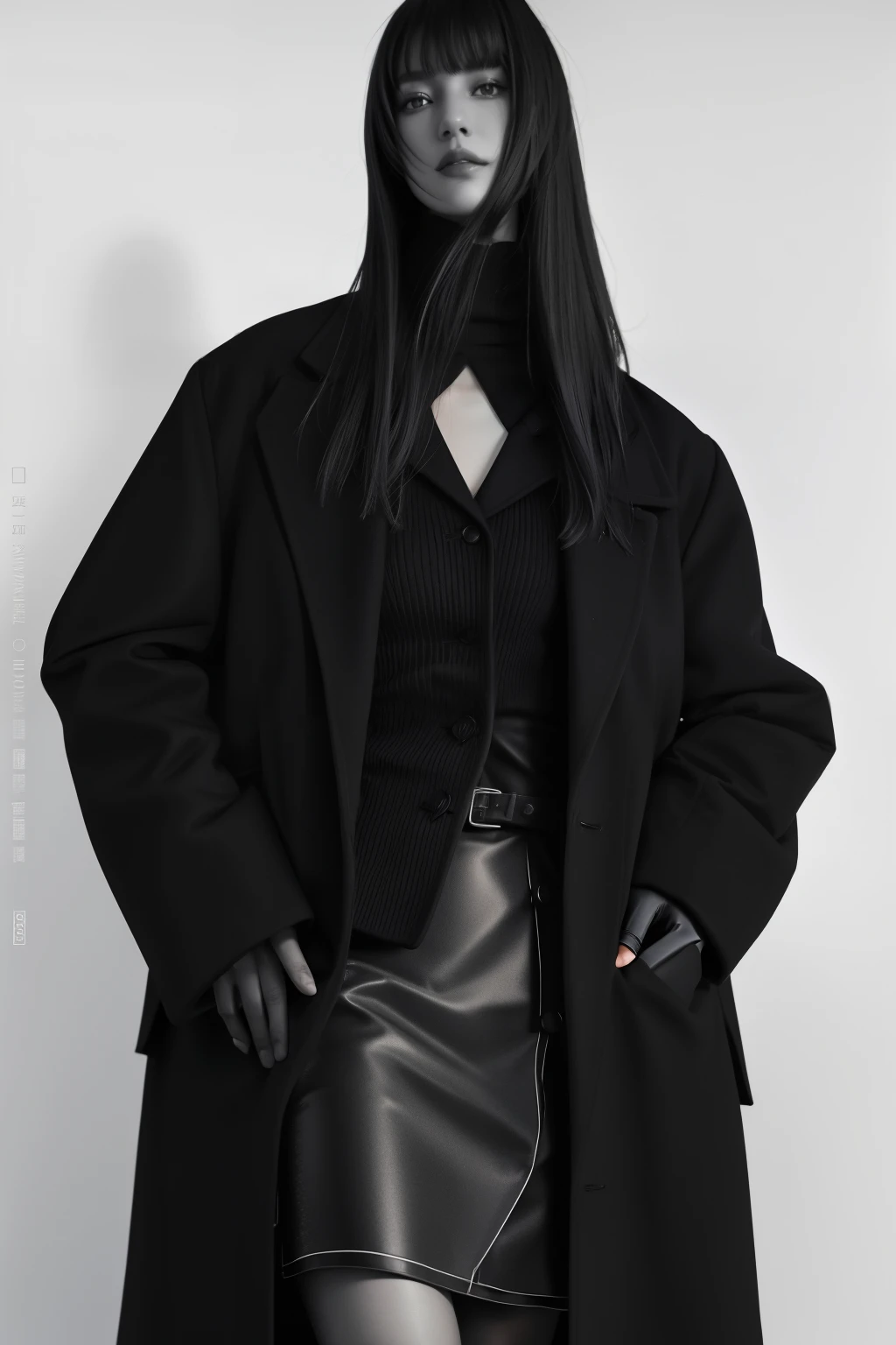 arafed woman in a black coat and skirt posing for a picture, official jil sander editorial, editorial model, by Christen Dalsgaard, by Andrei Kolkoutine, by Silvia Pelissero, smooth in _ the background, fashion editorial, comme des garcon campaign, editorial portrait, by Emma Andijewska, official vogue editorial
