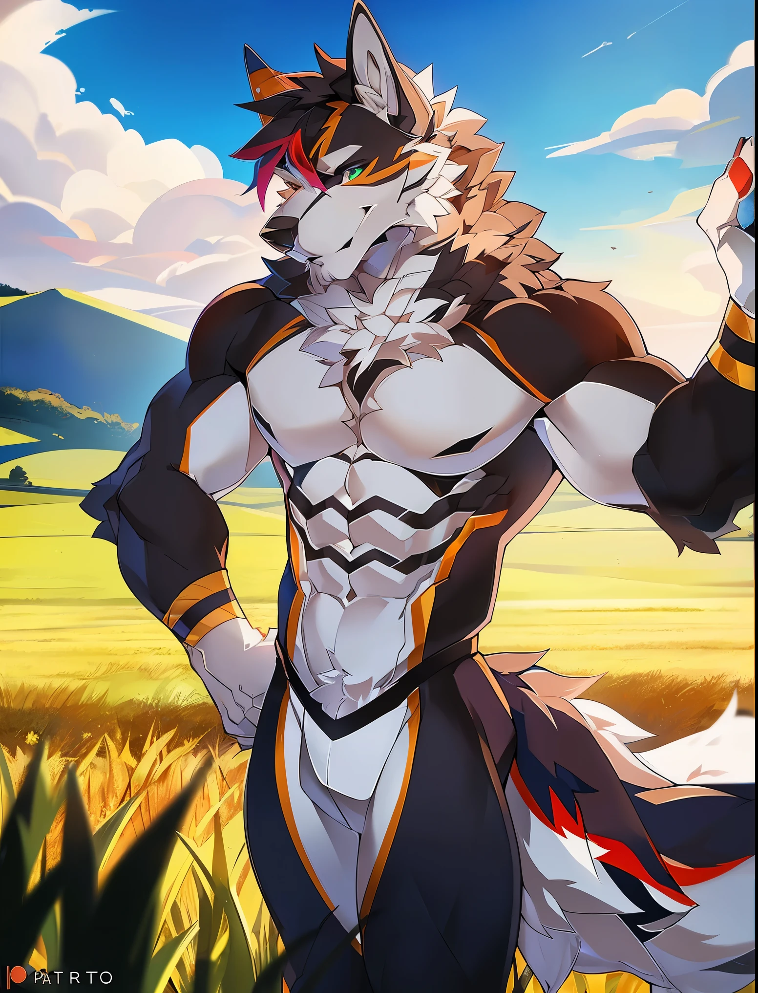 ((Solo)), male people, anthro wolf, (Multi-colored fur, White tail pointed), (Height 2.1 meters,Tail length 1.5m), Abs, pinginuscular, A long big tail, by patto, field