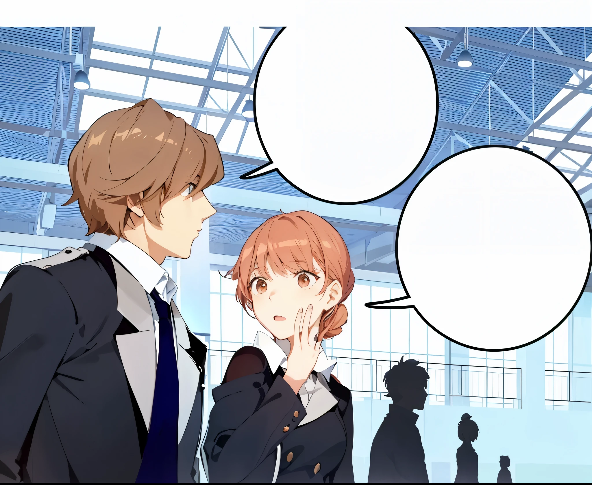 anime image of a man and woman talking with a speech bubble, looking to his side, shoulders can be seen, she has a distant expression, shoujo romance, looking her shoulder, in game, private moment, looking this way, distant!!, looking sideway, with two characters, ddlc, looking smart, secret romance, ; visual novel