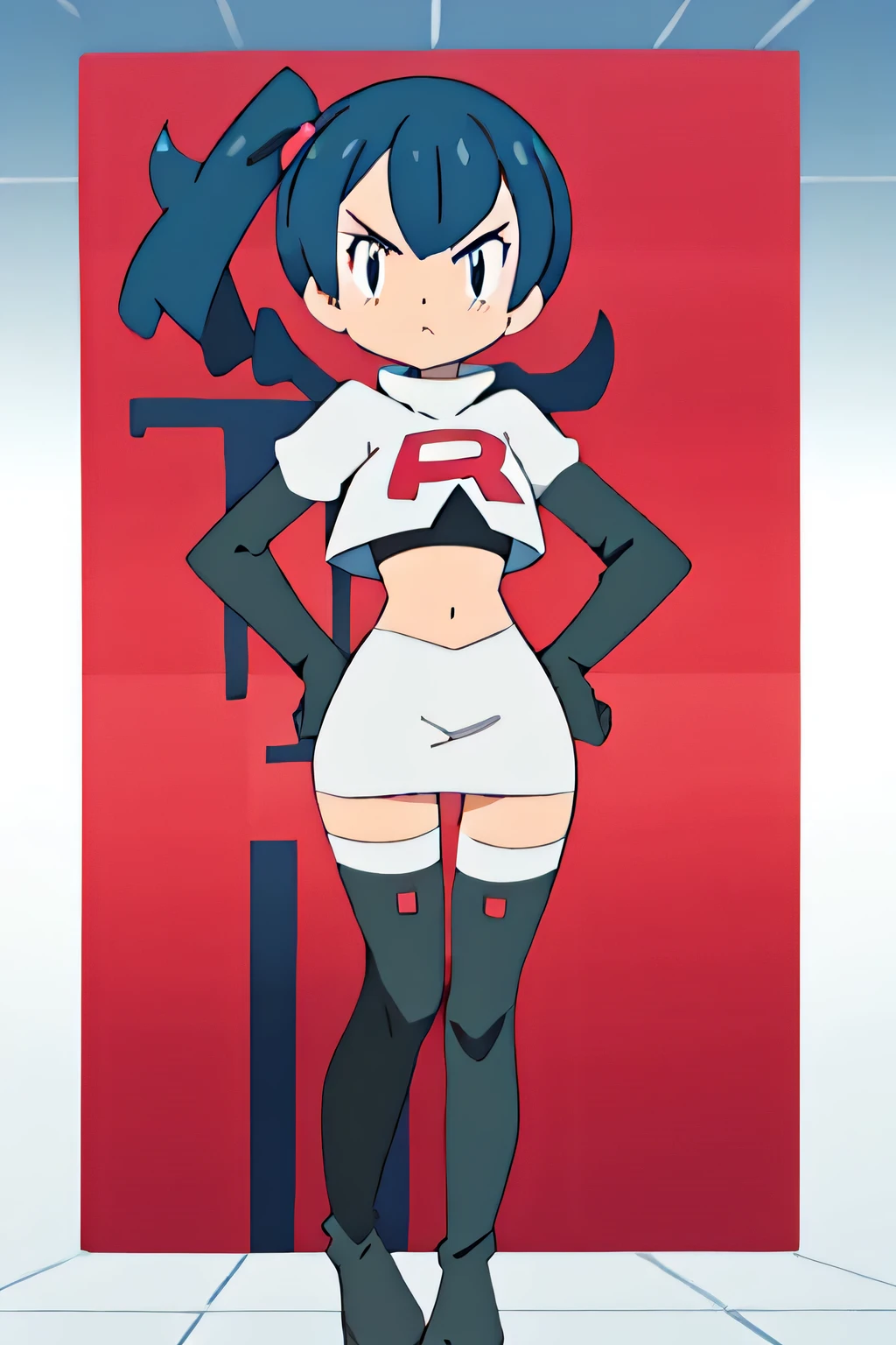 team rocket uniform, red letter r, white skirt,white crop top,black thigh-high boots, black elbow gloves, glaring angrily, looking at viewer, hands on hips, full body seen