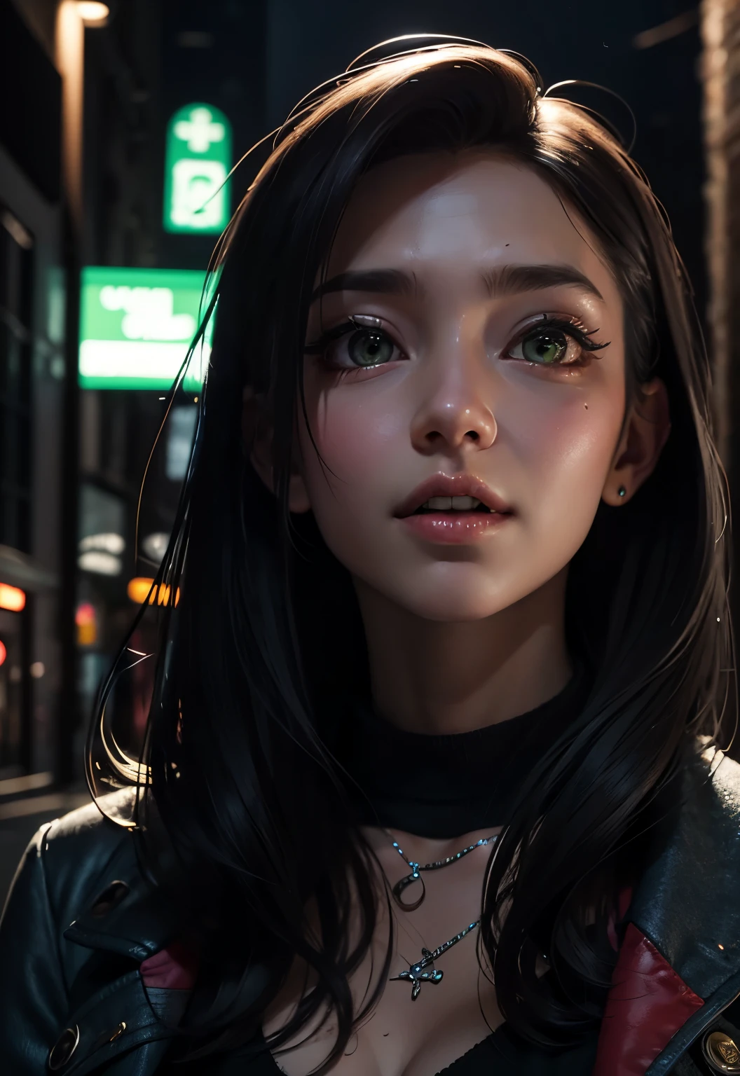 masterpiece, best quality, half body, portrait, night city, 1girl, anime, 3D, Japan, pixar, realistic, teen girl, smiling, cute face, harajuku fashion style, rain coat, beautiful, colourful, neon lights, cyberpunk, smooth skin, illustration, artstation, painting by stanley artgerm lau, sideways glance, foreshortening, extremely detailed 8K, smooth, high resolution, ultra quality, highly detail eyes, highly detail mouth, highly detailed face, perfect eyes, both eyes are the same, true light, glare, Iridescent, Global illumination, real hair movement, real light, real shadow, real face, hd, 2k, 4k, 8k, 16k, realistic light, realistic shadow, bright Eyes, fluorescent eyes, soft light, dream light