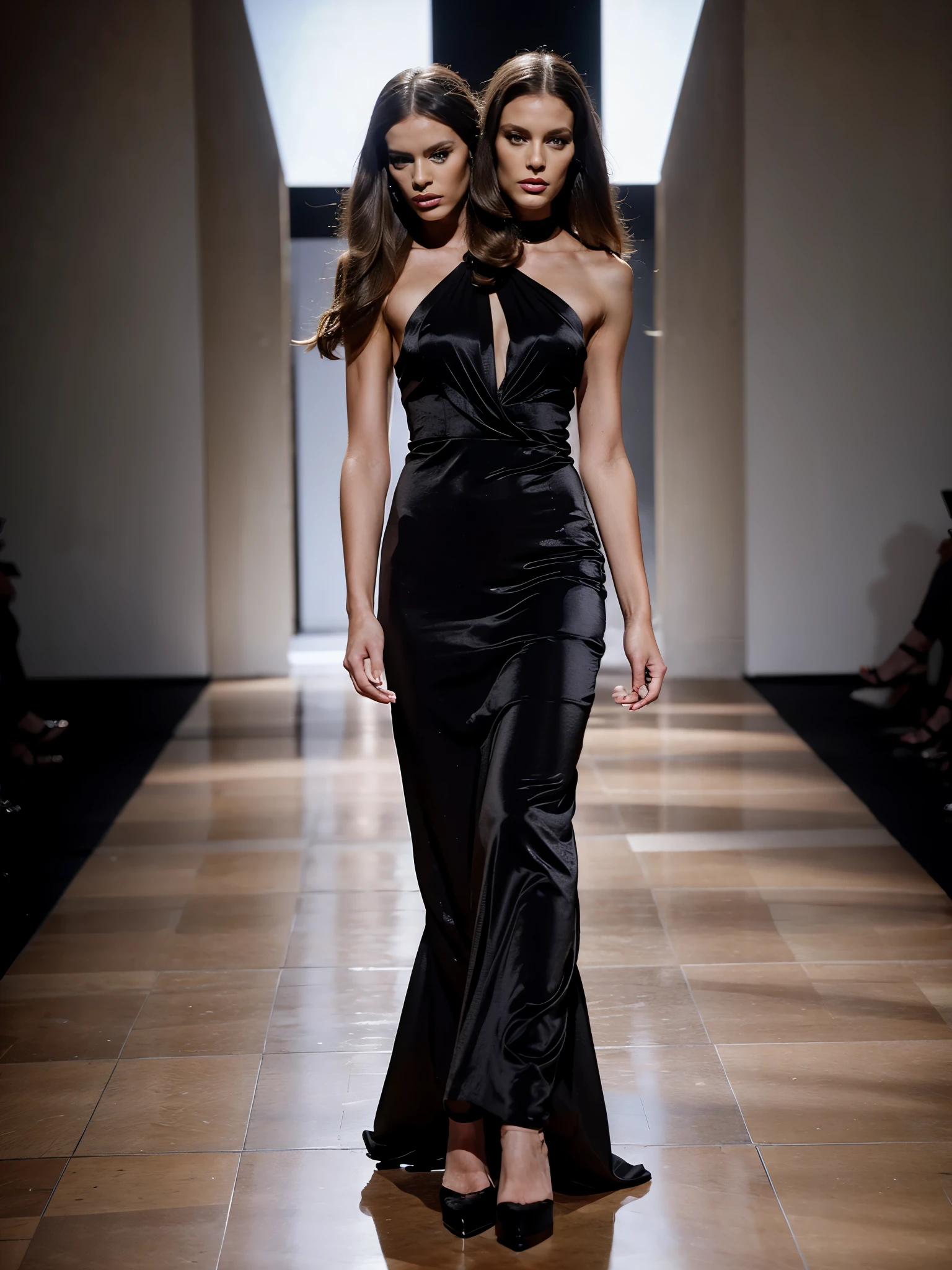 A woman walking down the runway in a black dress, Thierry Mügler, Fashion Model, attractive runway model, AEON Flux Style Mix, Tight fitting black clothing, Fashion Runway, Style、A blend of eternal flow, y2k style, y2k style, wearing black tight clothes, Skin-tight black bodysuit, y2k fashion, Black Haute Couture
