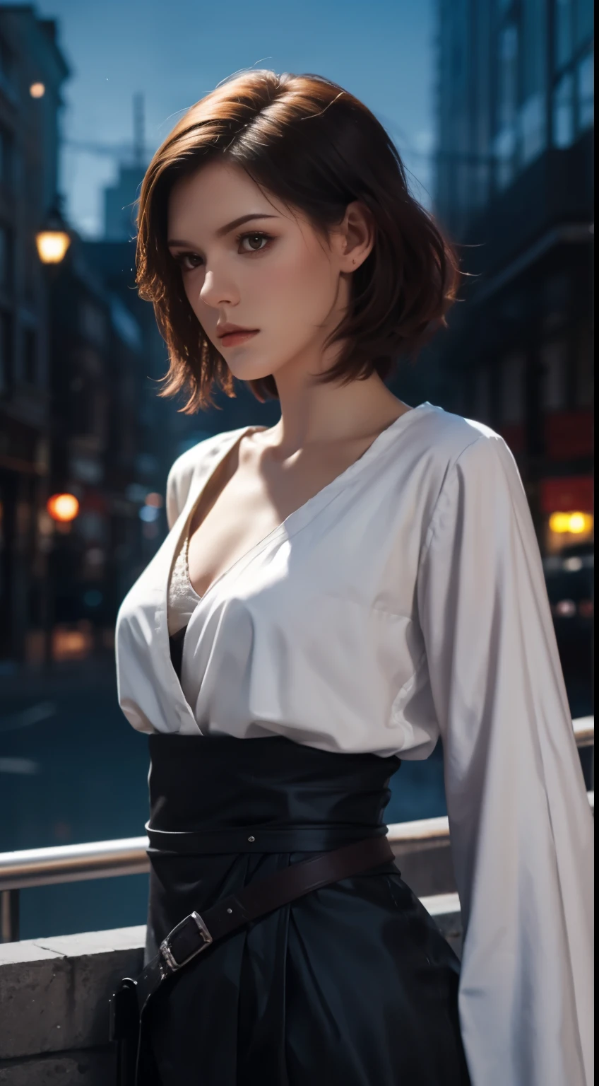 (A beautiful 20-year-old British female assassin), (Short ginger hair), (Pale skin), (serious looking), (Wearing white and blue Assassin costumes), (city at night background), seen from the front, waist up shot, Dynamic pose, Ambient lighting, Photo realism, intricate face details, Intricate hand details, Highly detailed, Vibrant colors, Cinematic, High definition, Popular on art sites - original style