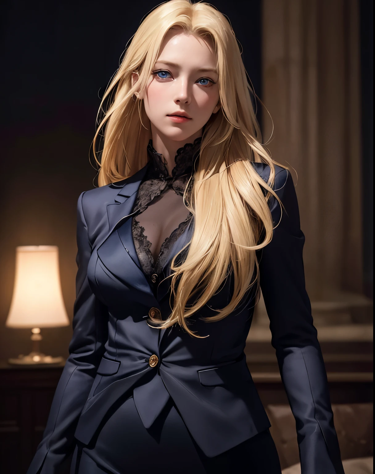 Best quality, masterpiece, ultra high res, (photorealistic:1.4), raw photo, 1girl, blonde hair, blue eyes, detailed eyes and face, black suit, dynamic lighting, in the dark, deep shadow, low key, cowboy shot full-lenght body