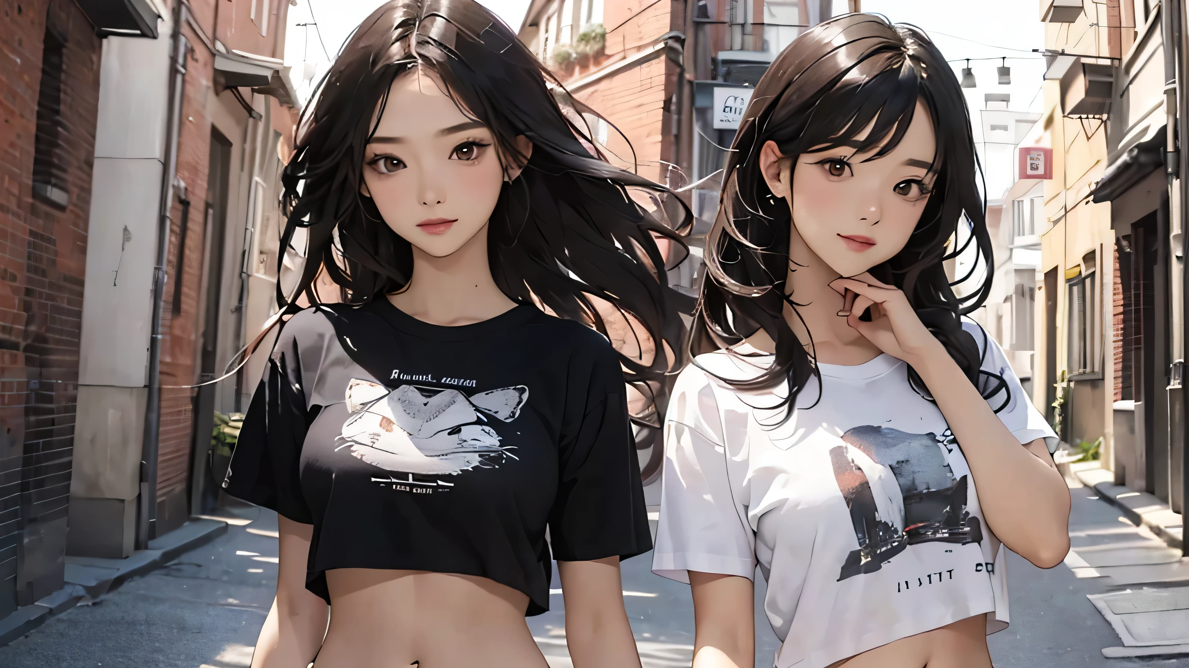 (((Highly detailed CG unit 8k wallpaper:1.2, masterpiece, High resolution:1.2, highest quality:1.2, table top))), ((Very beautiful 25 year old woman, Short T-shirt that shows off your toned belly button:1.5)), ((highly detailed face, Highly detailed black eyes, extra detailed body, highest qualityのリアルテクスチャスキン)), (black haired:1.2, long hair:1.2, white skin, smile), ((Alley without people:1.2)), (high angle:1.2, close, Fisheye:1.1), surreal, digital paint,