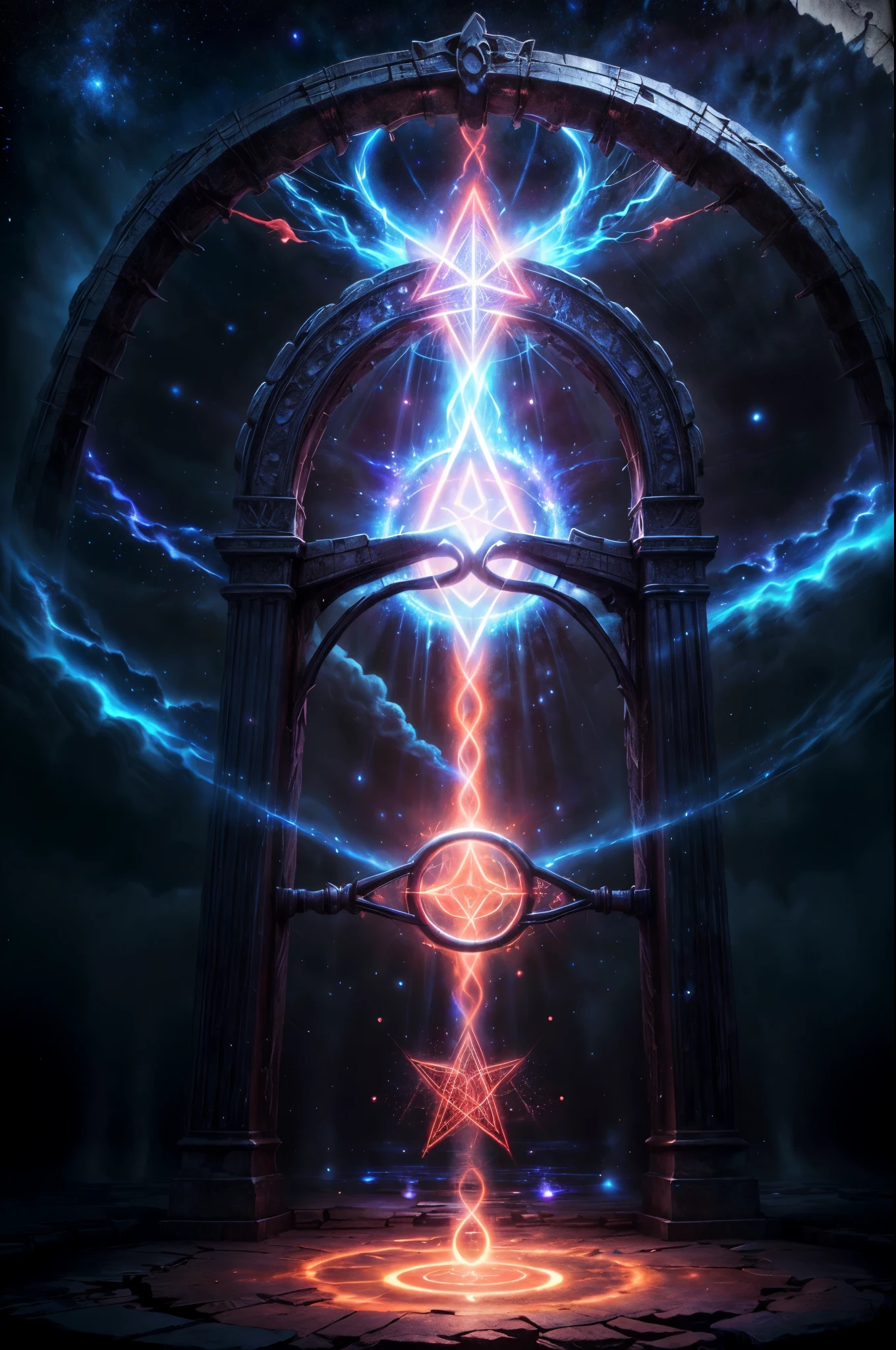 high details, best quality, 16k, [best detailed], masterpiece, best quality, (extremely detailed), a picture (magical portal: 1.3),  onto heaven, the portal has magical red magical wards on it, she sees the starry heavens and bliss of heaven , GlowingRunes_paleblue, 