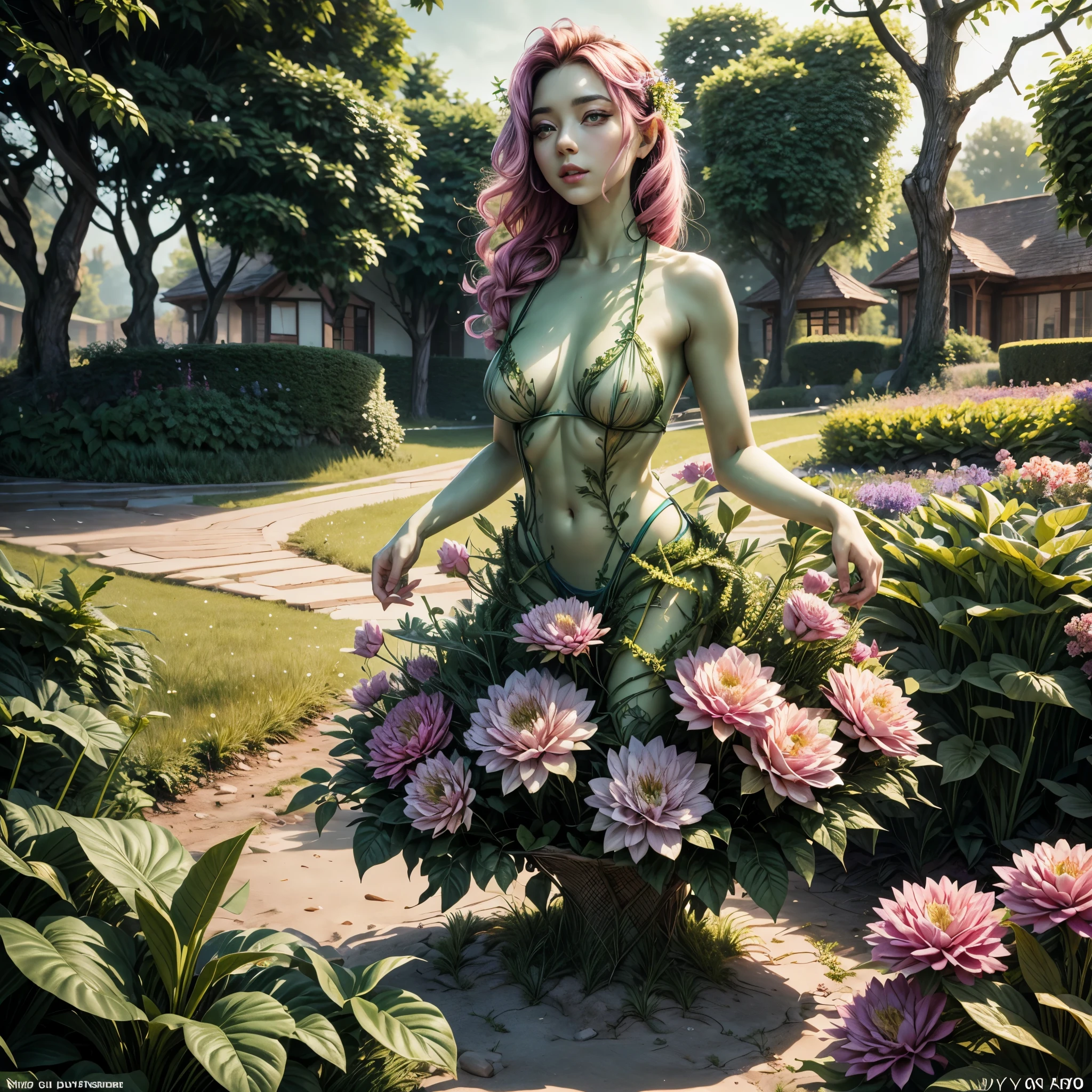 (best quality,4k,8k,highres,masterpiece:1.2),ultra-detailed, beautiful seductive Dryad in a suburban backyard garden, AubreyPlaza, tree woman, plant woman, plant flesh,  green dryad, green skin, hair made of pink flowers, glowing green eyes, sensual smile, seductive pose, erotic pose, seethru, HDR, 8k, absurdres, cinestill 800, sharp focus, add_detail:2, (solo, woman)
