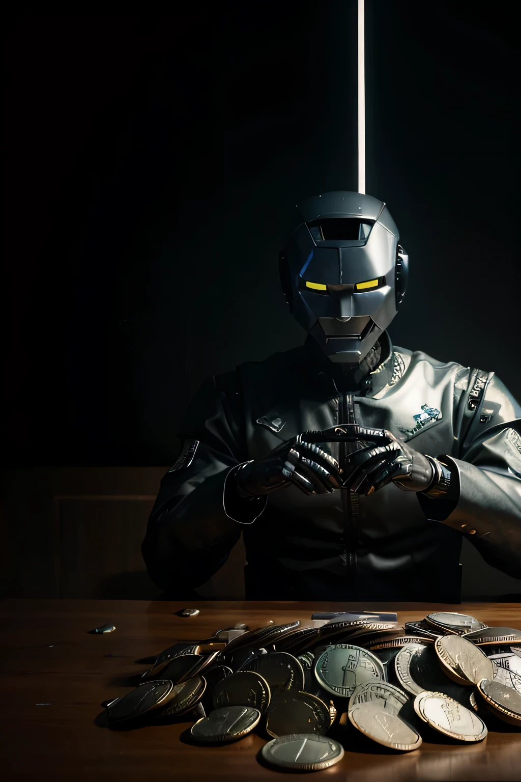 dark background, dollars and coins falling on the background, good quality phone photo.
main character robot. he has files in his hands
